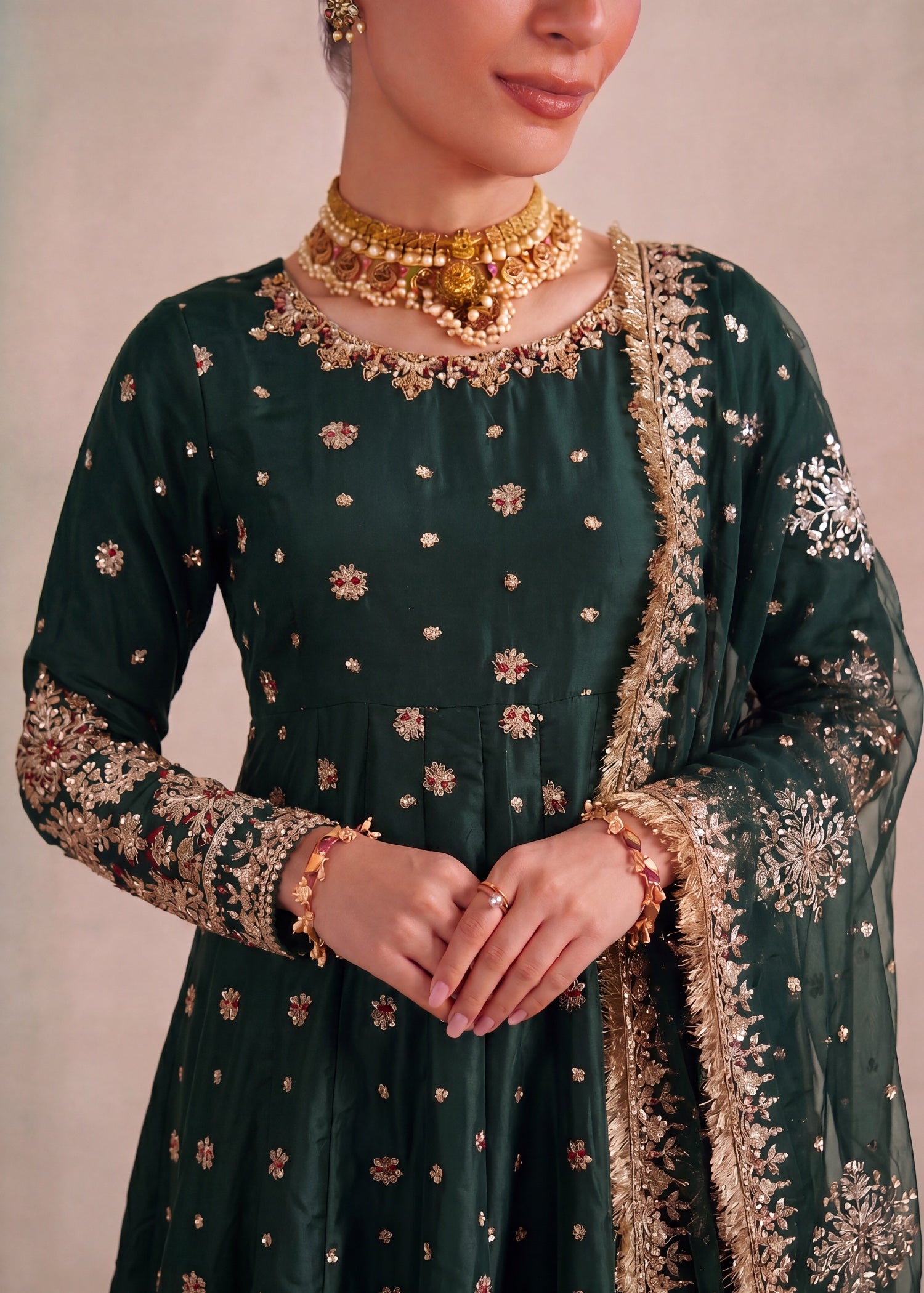 silk Pishwas in Dark green