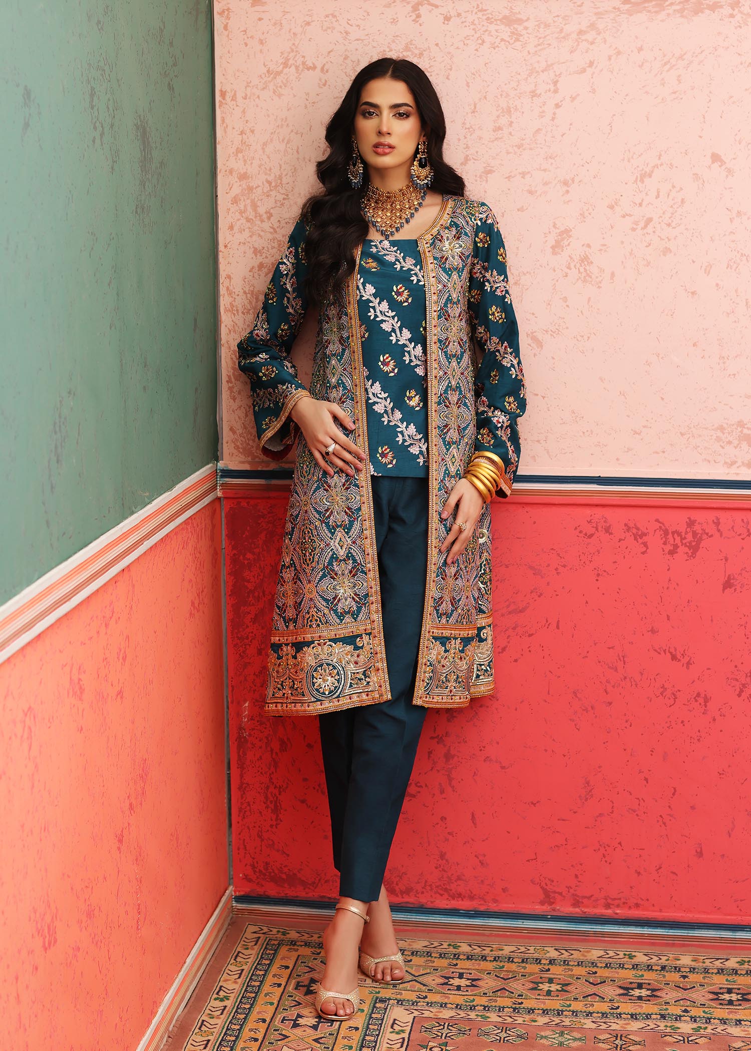 raw silk Kurta Set in Teal