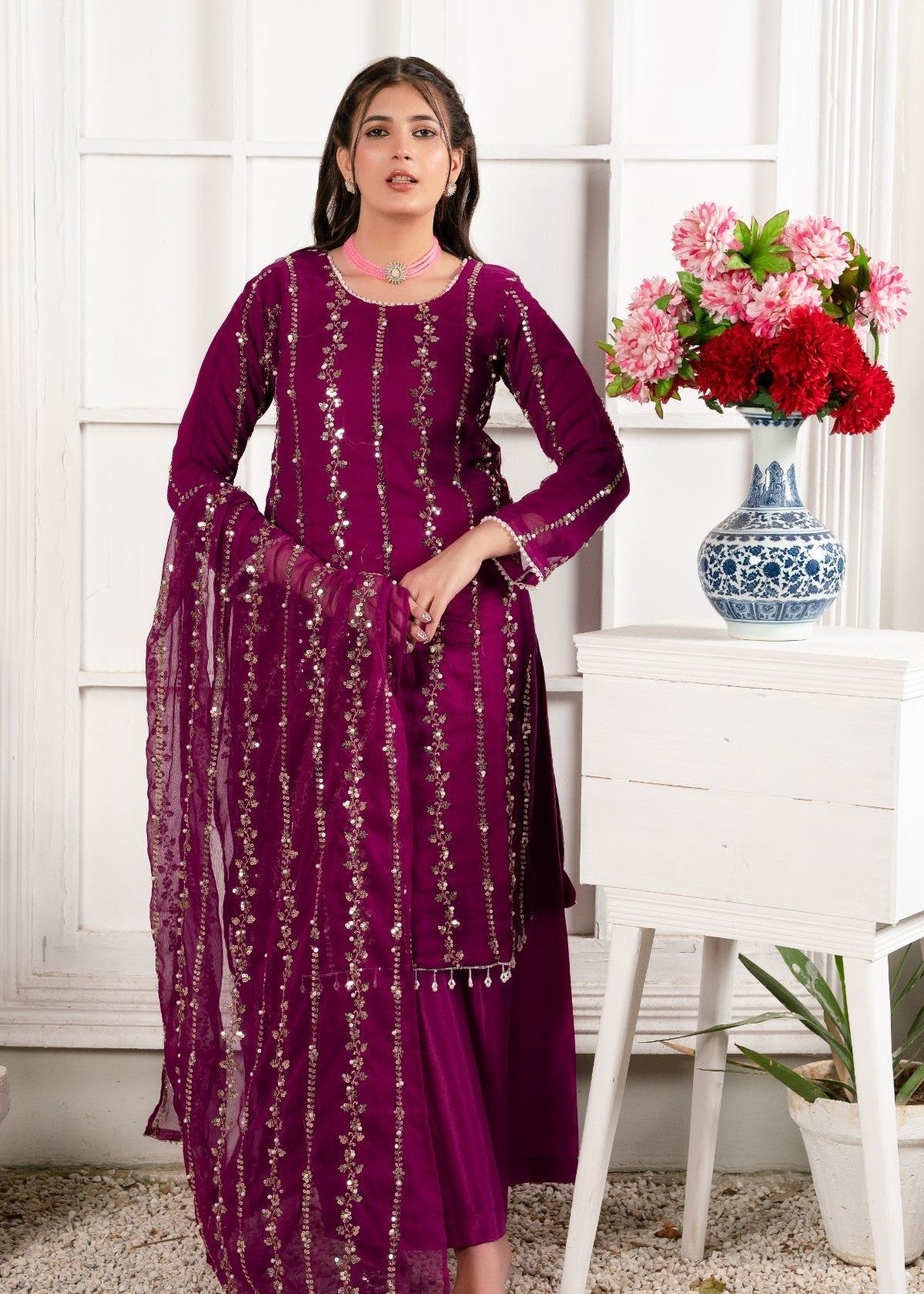 crinkle Kurta Set in Magenta