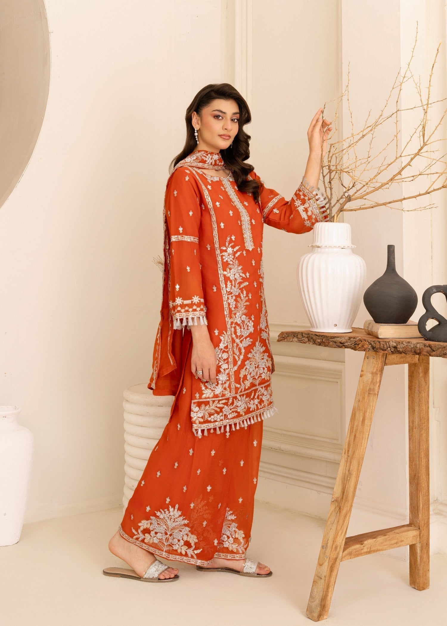 chiffon Kurta Set in Rust orange