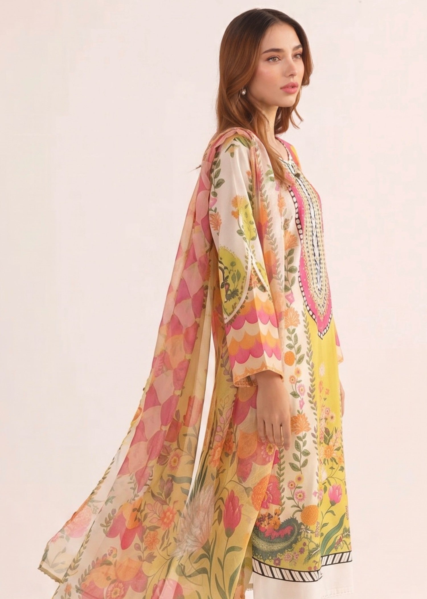 poly lawn Kurta Set in Yellow, multi, hot pink