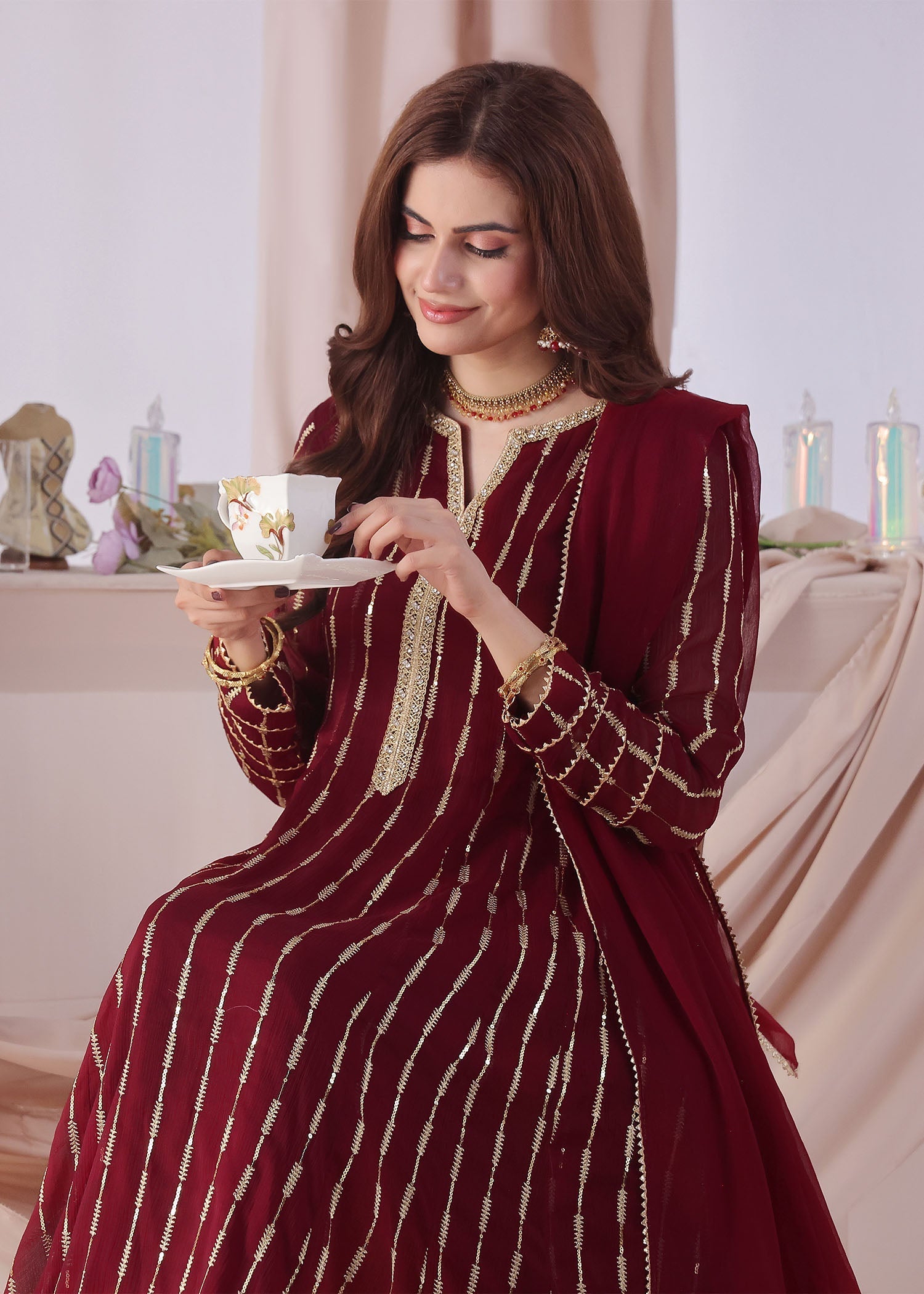 chiffon Anarkali in Maroon