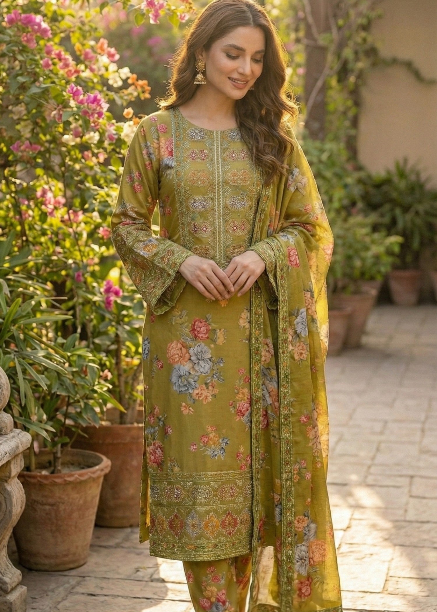 pk charmuse silk Kurta Set in Multi, pear