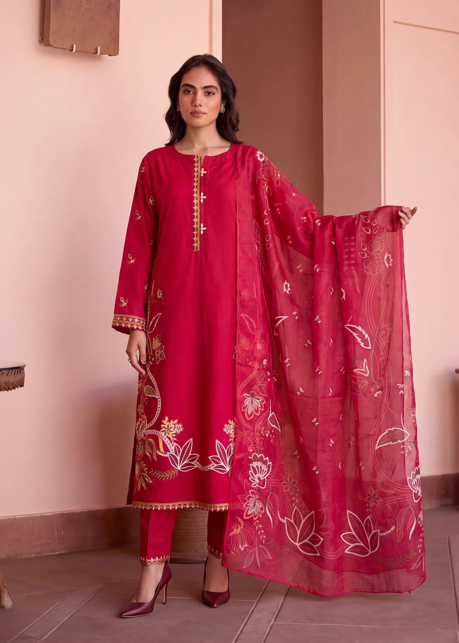 lawn Kurta Set in Cerise