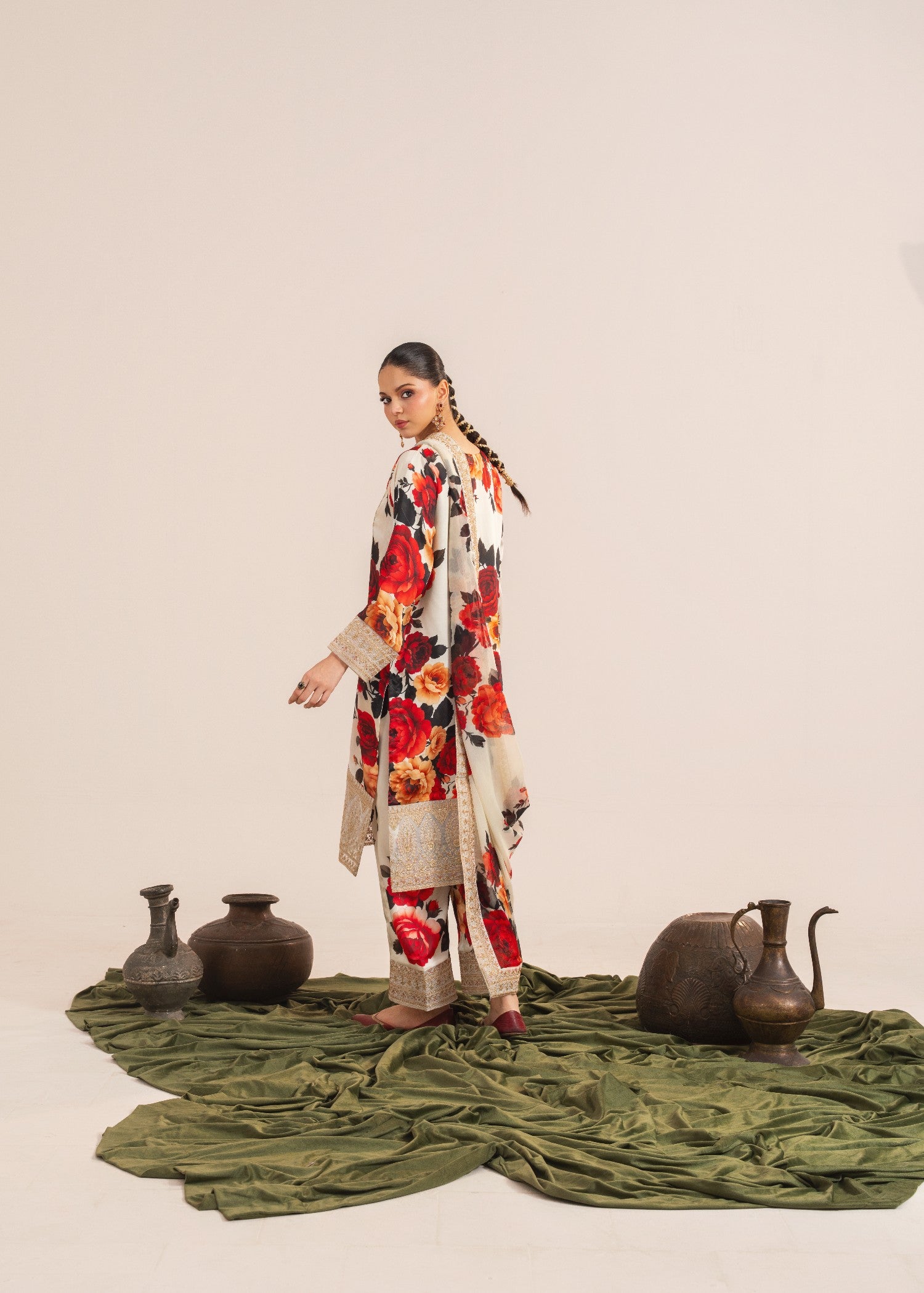 silk charmeuse Kurta Set in White, gold, rose red
