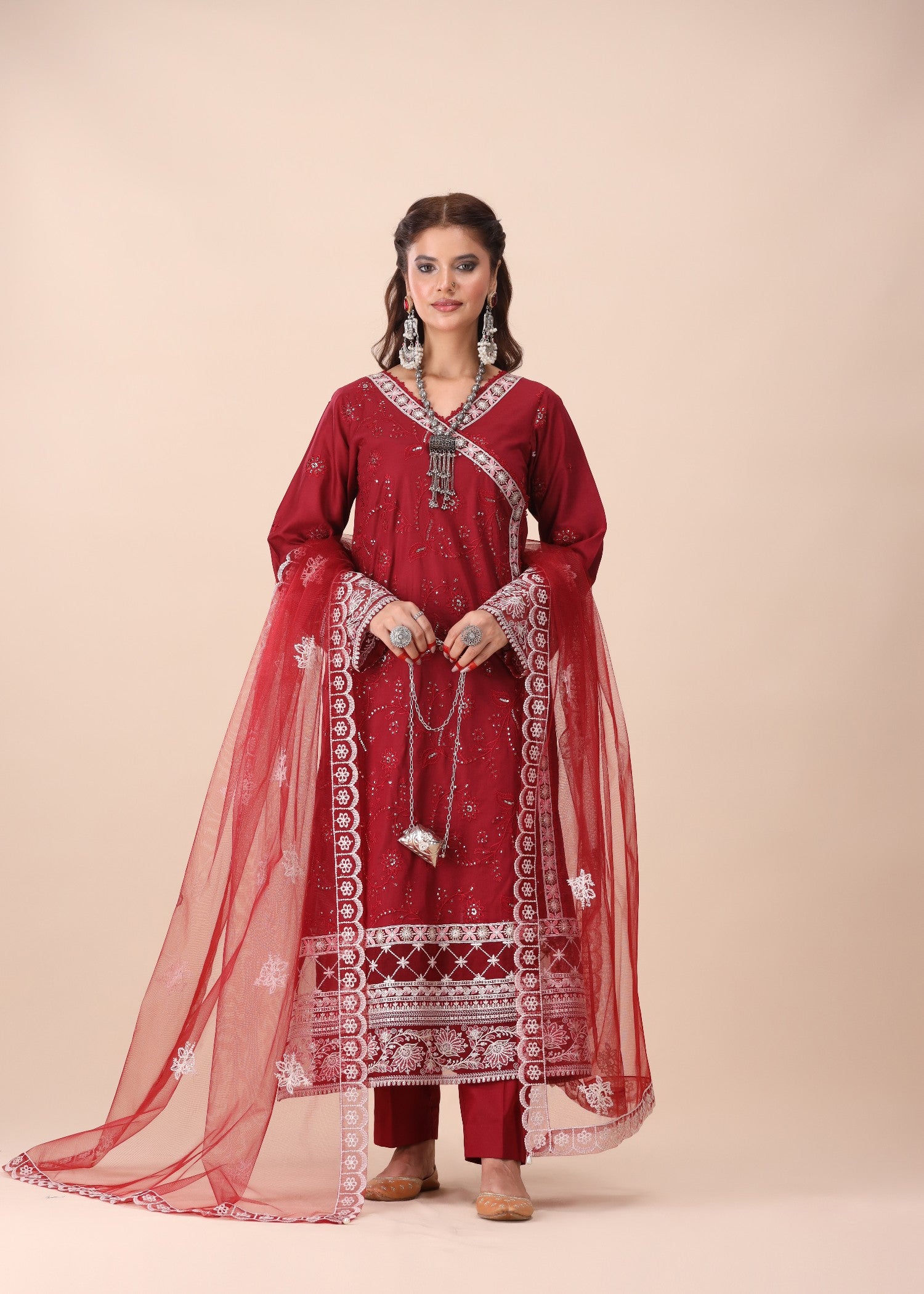 lawn Angrakha in Maroon