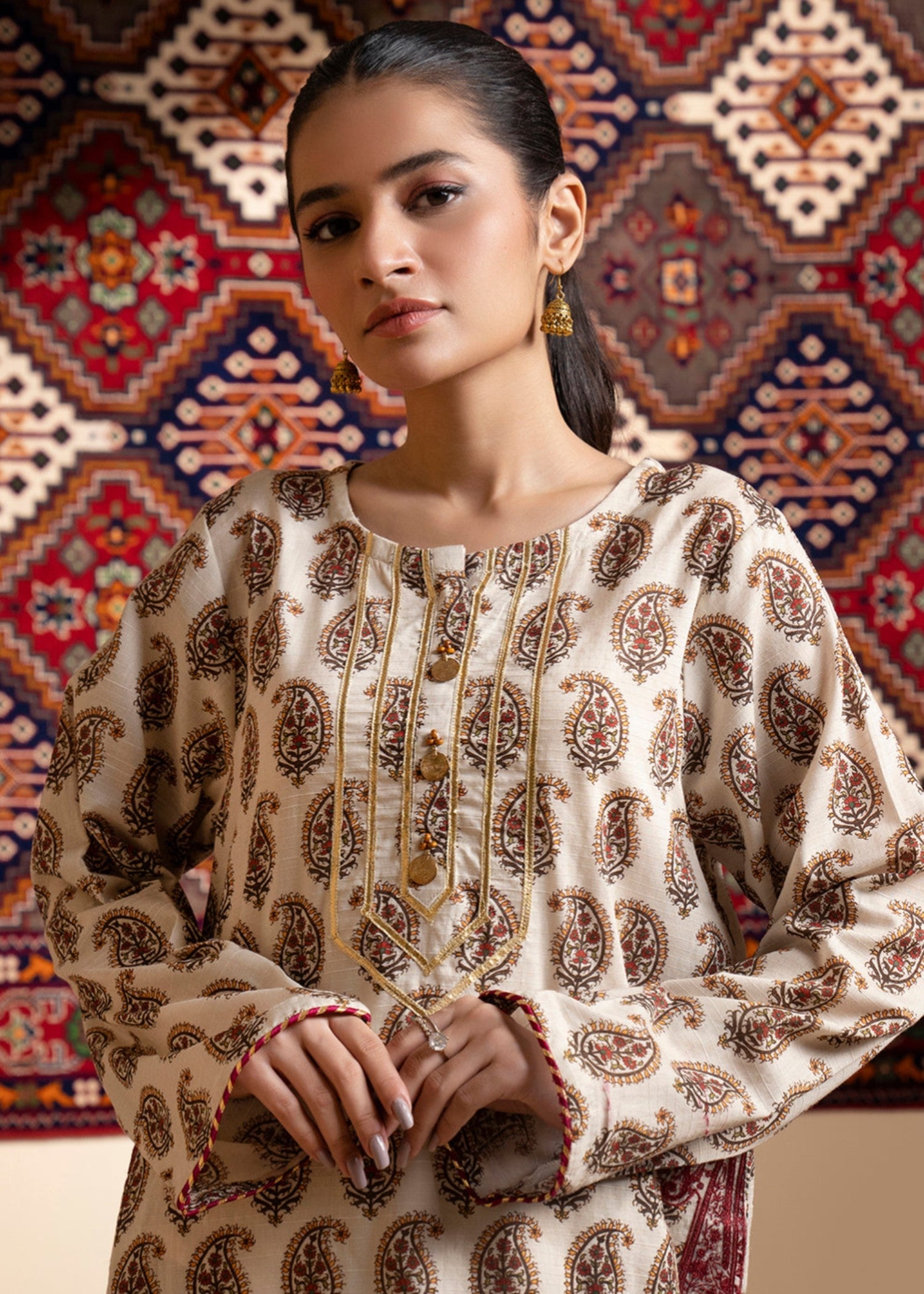 textured lawn Kurta Set in Beige