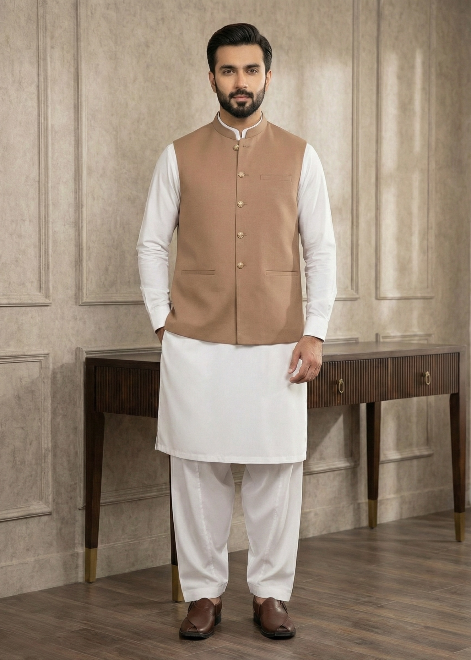wash & wear Waistcoat in Sand brown