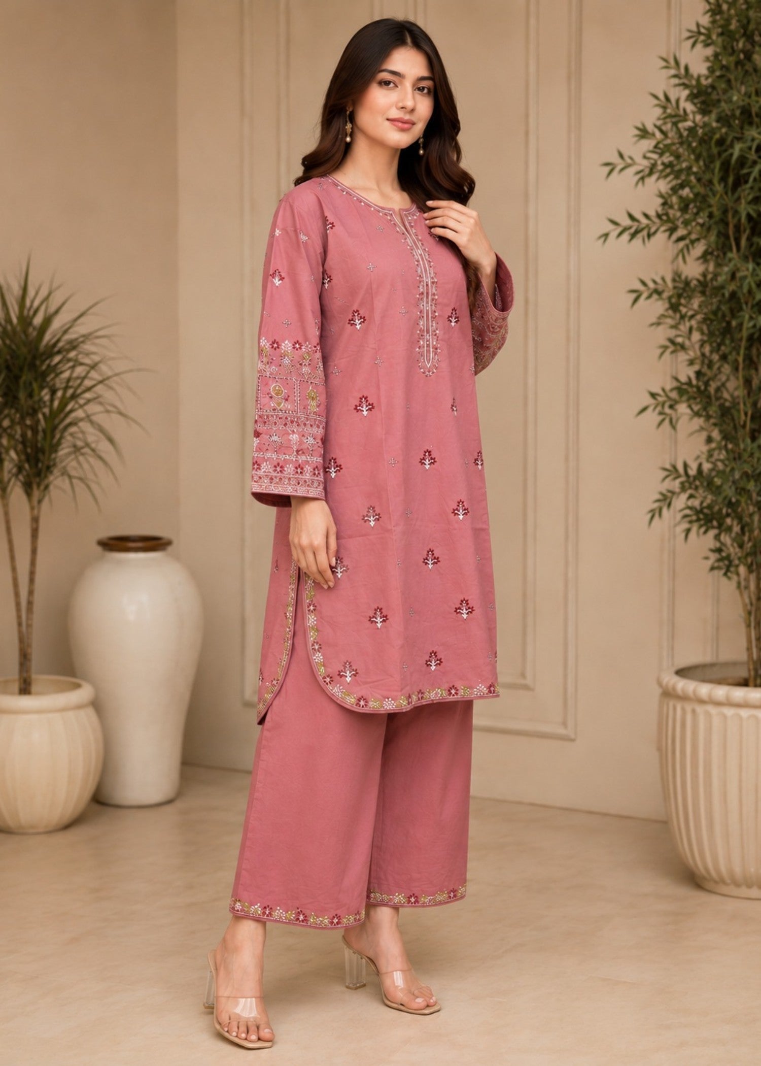 lawn cotton Kurta Set in Pink