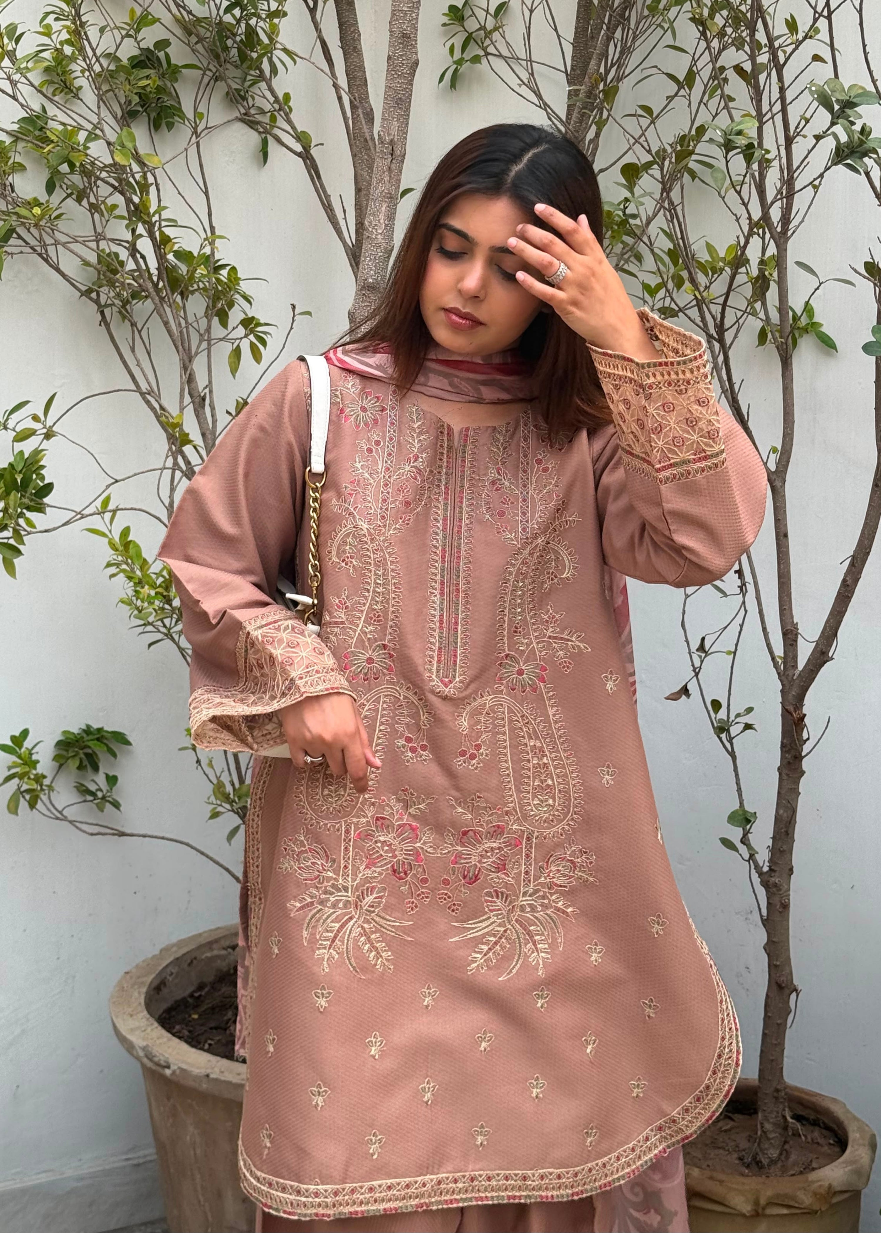 dobby Kurta Set in Camel brown