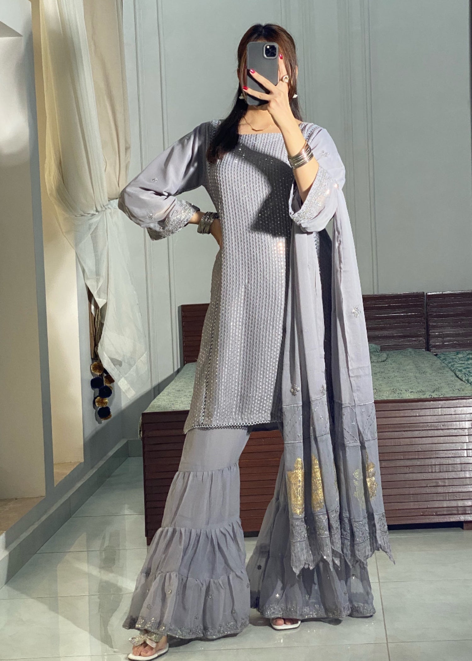 chiffon Gharara in Ash grey