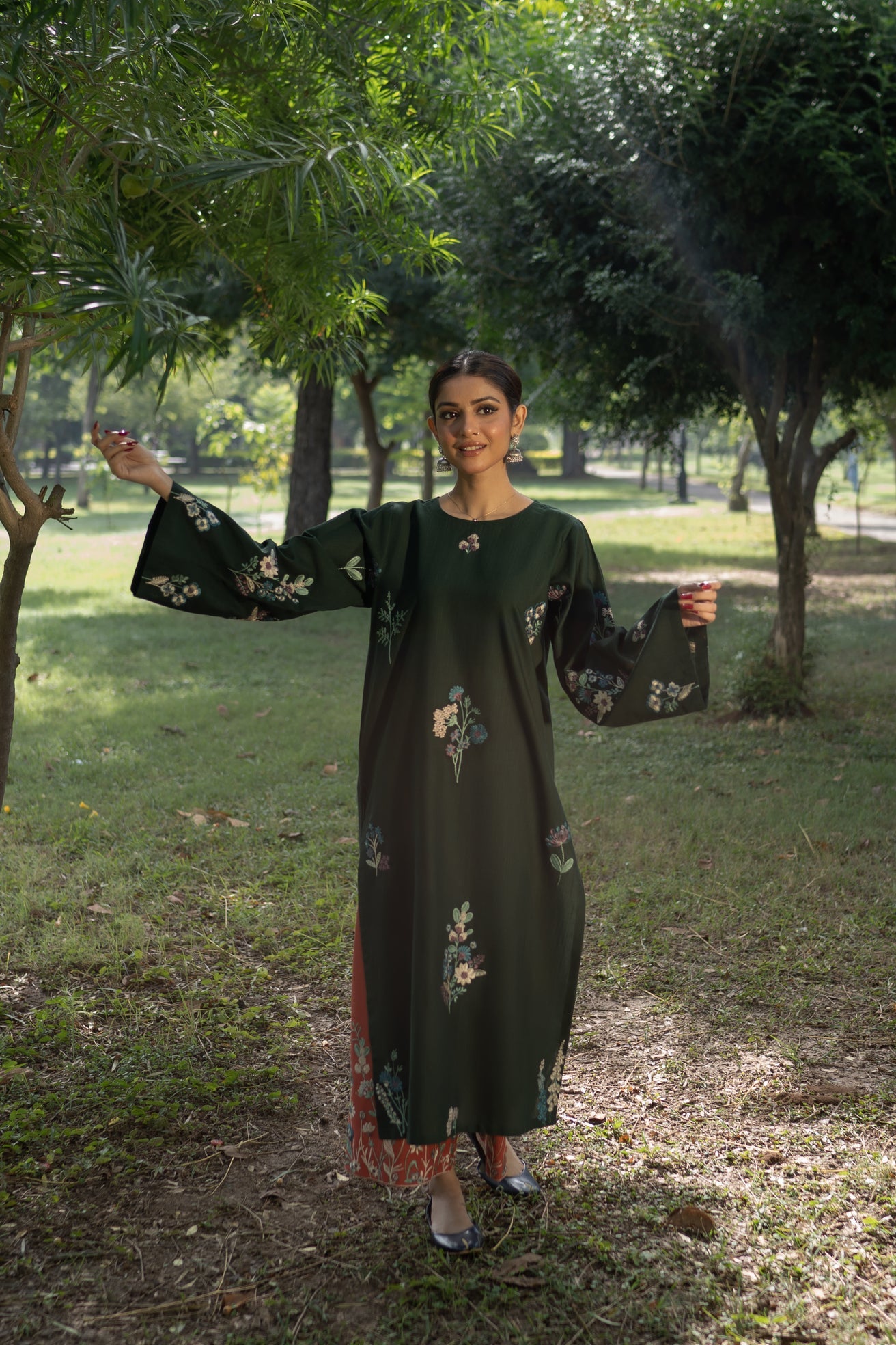 slub khaddar Kurta Set in Rust orange, bottle green