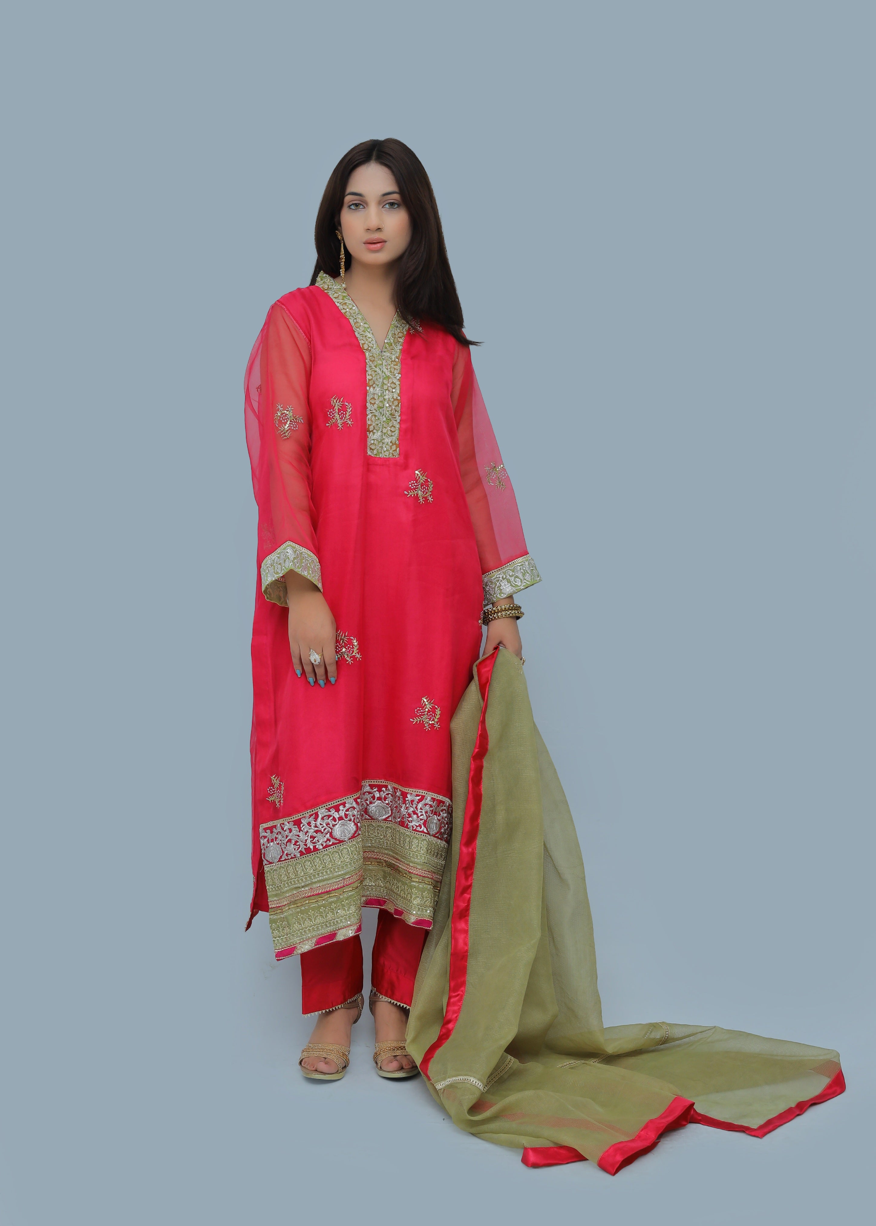 organza Kurta Set in Hot pink red