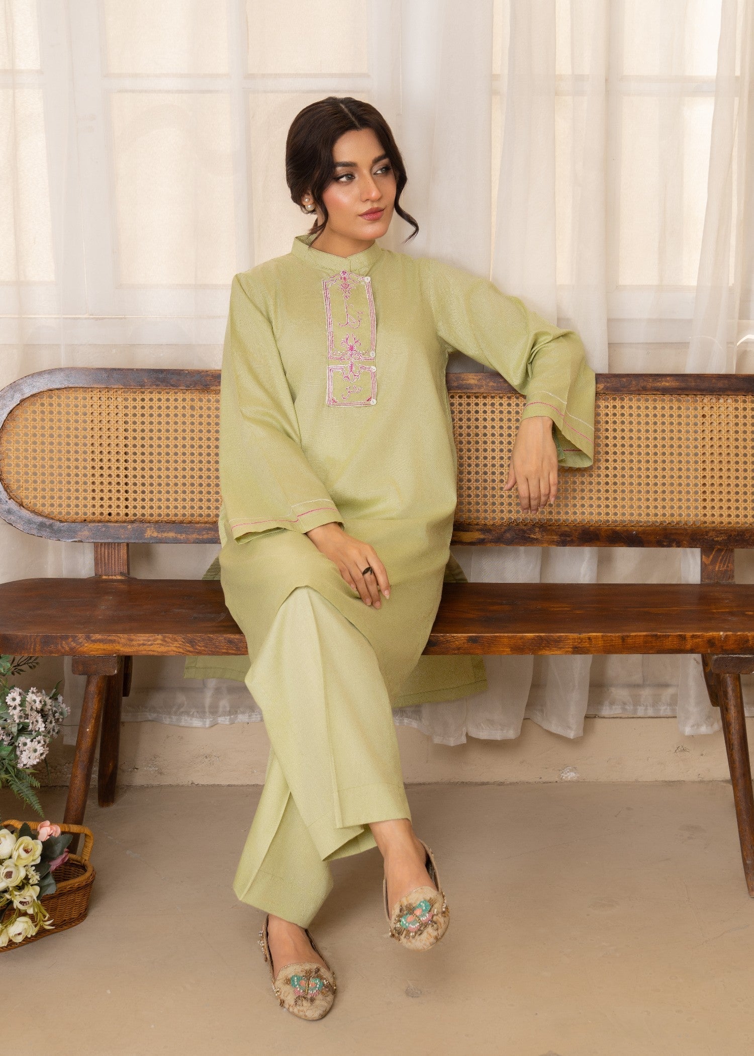 slub cambric Kurta Set in Mint green