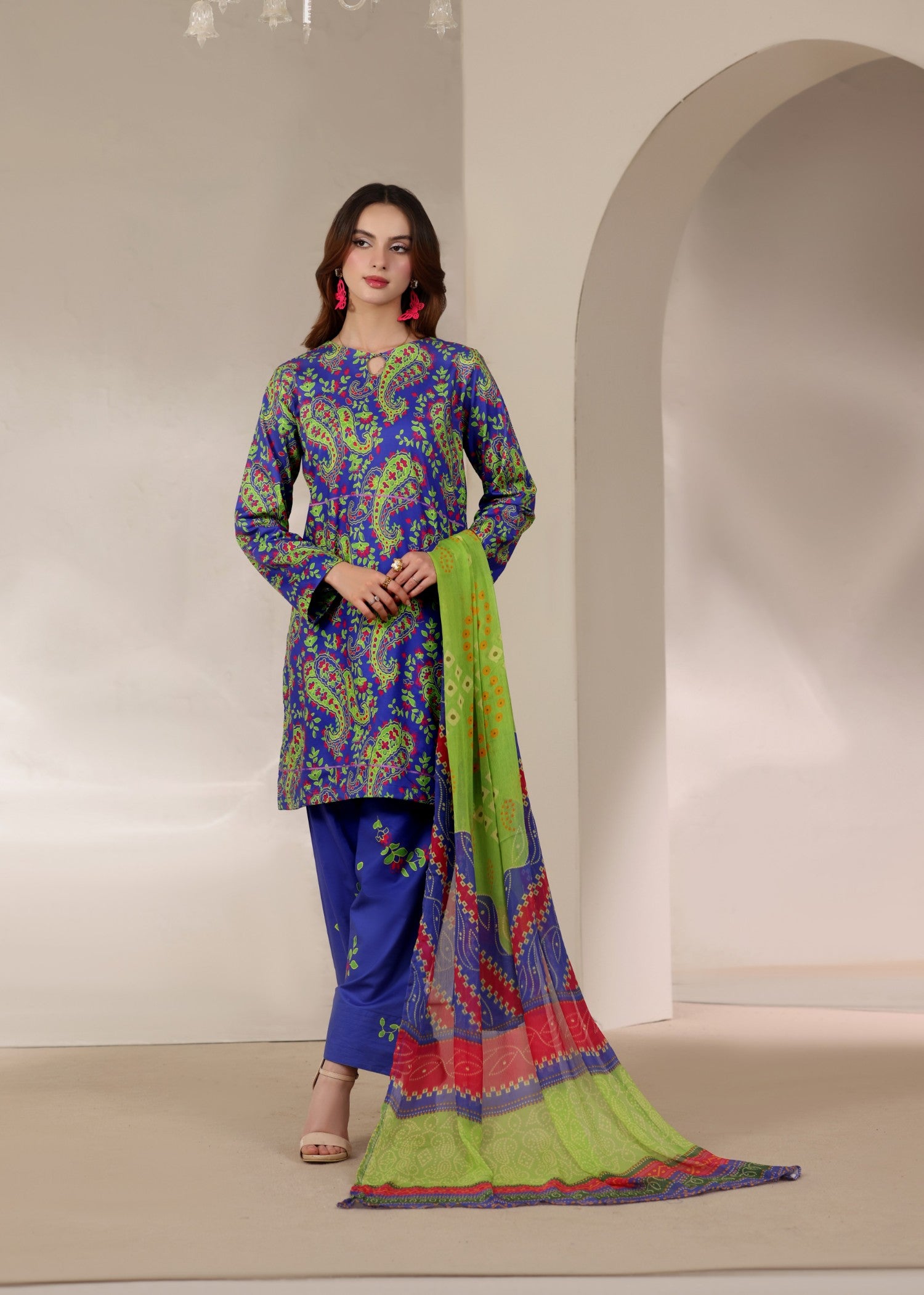 lawn Kurta Set in Apple green, dark blue