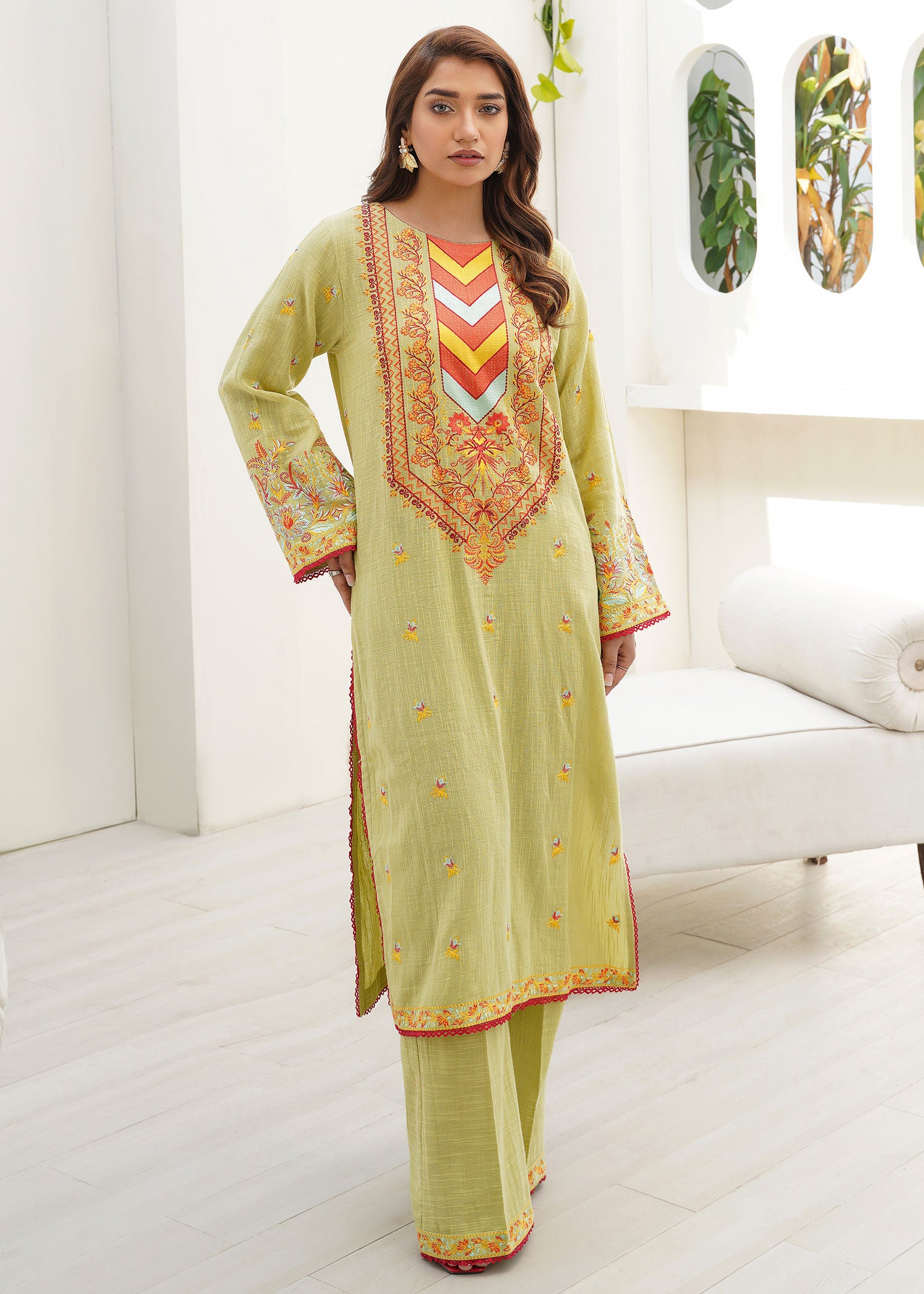 cotton karandi Kurta Set in Pistachio green