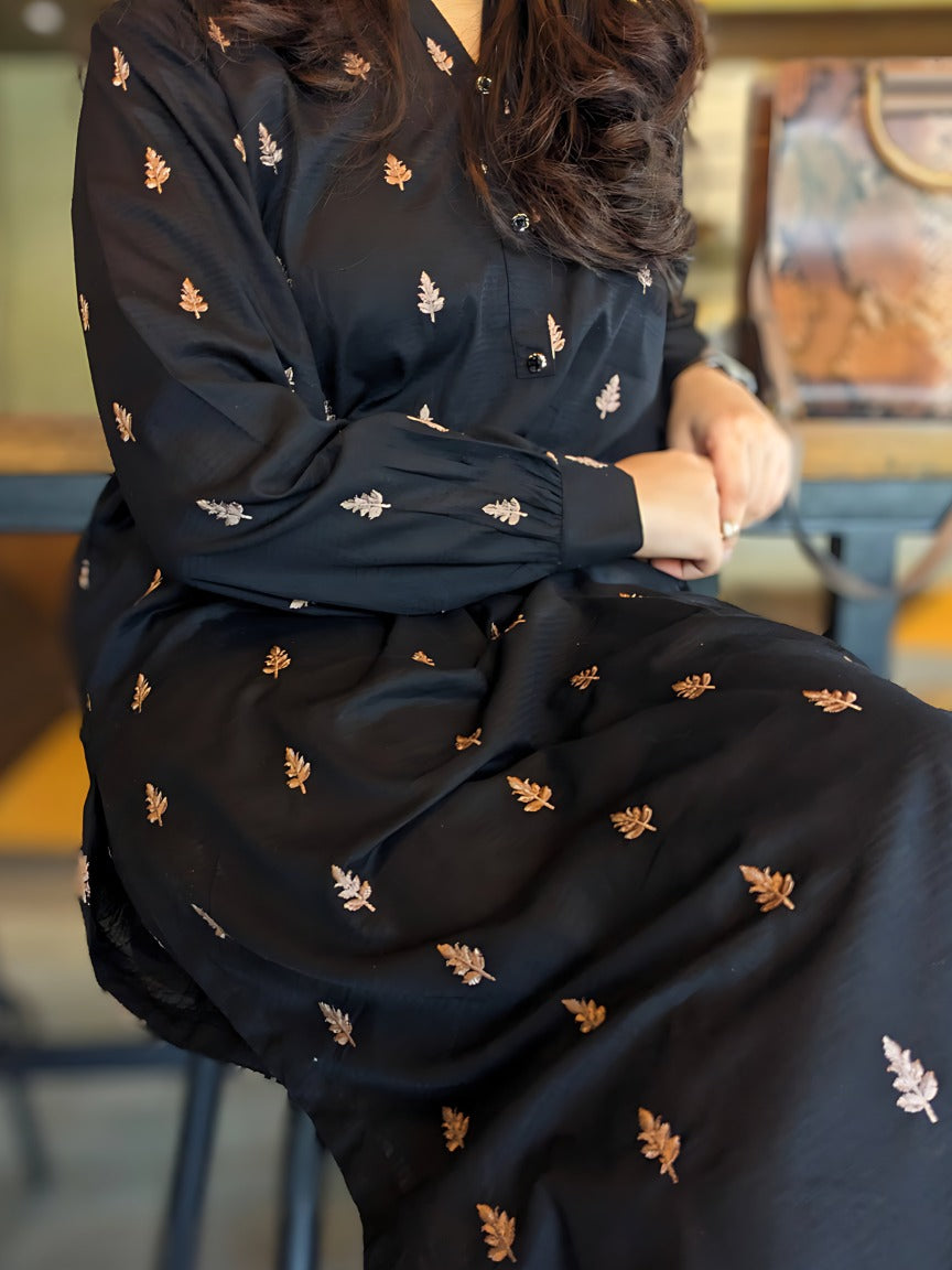 ribbed lawn Kurta Set in Black