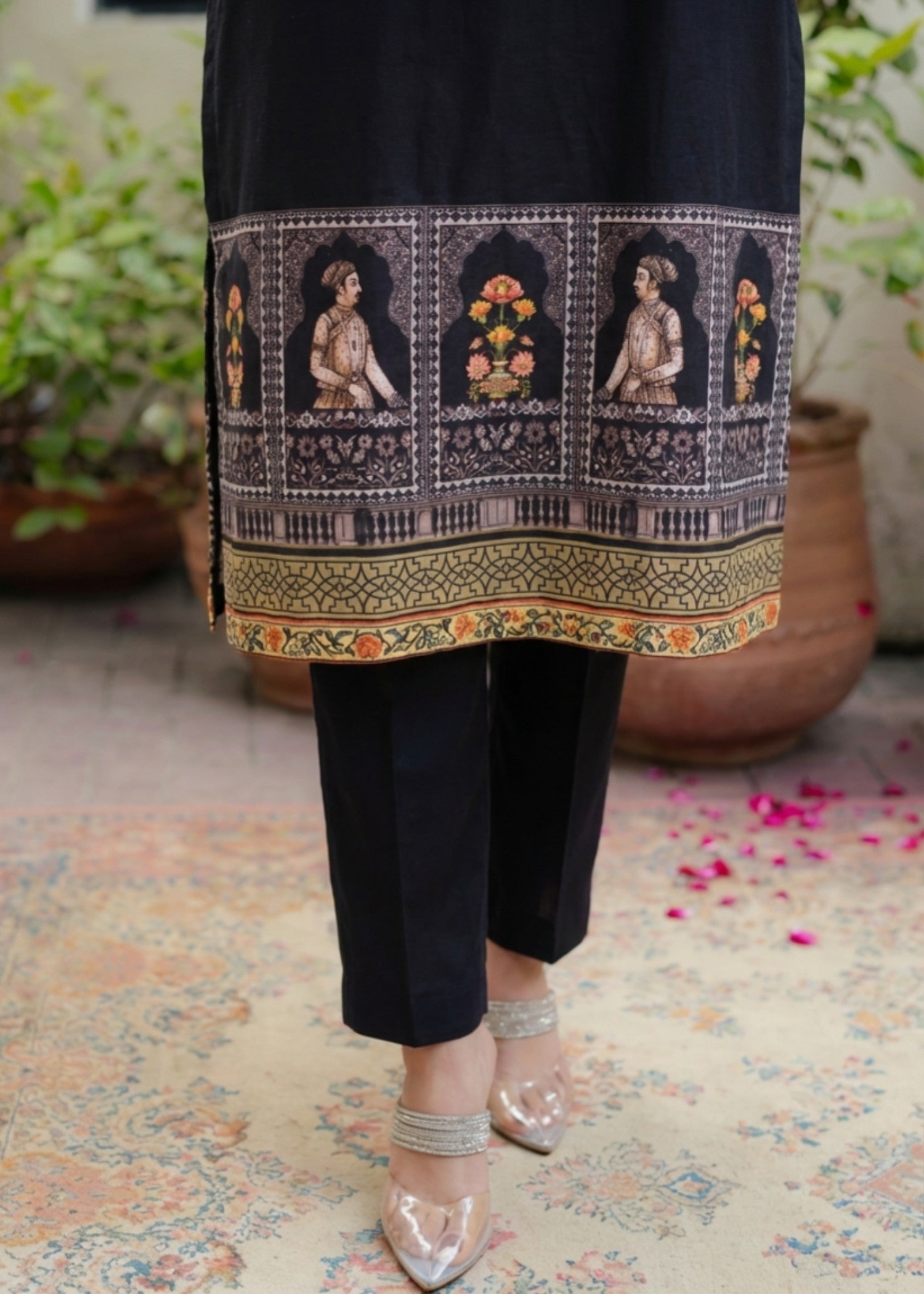 textured lawn Kurta Set in Black