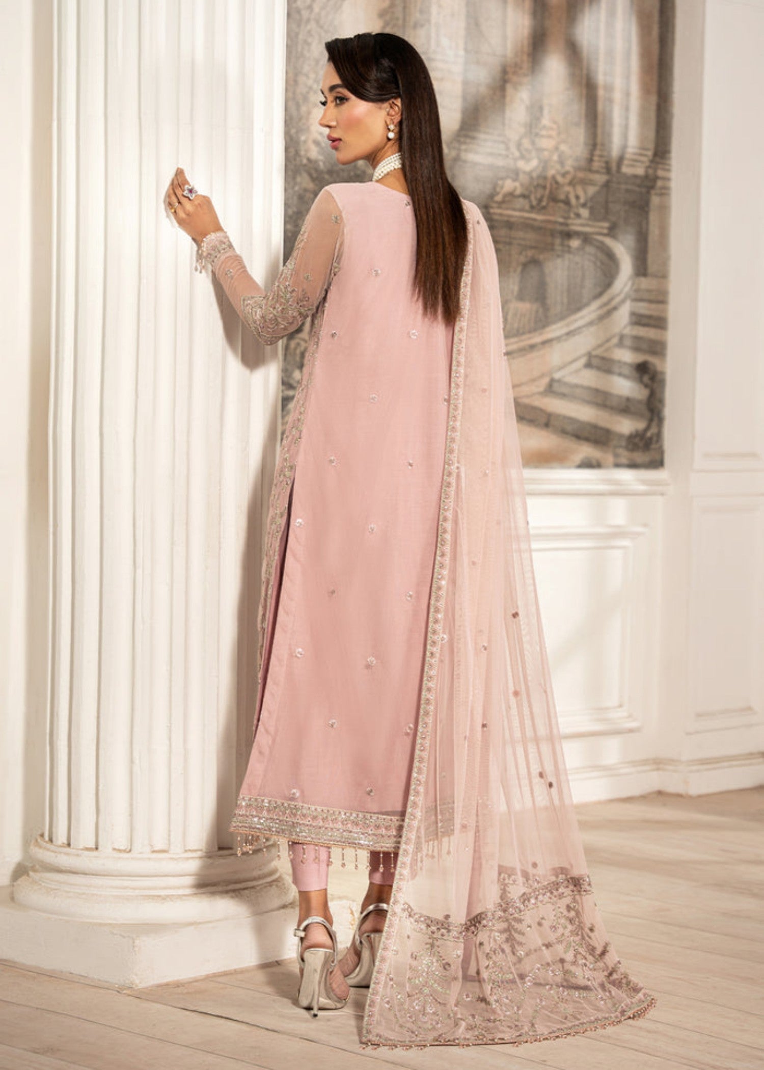 net Kurta Set in Pink