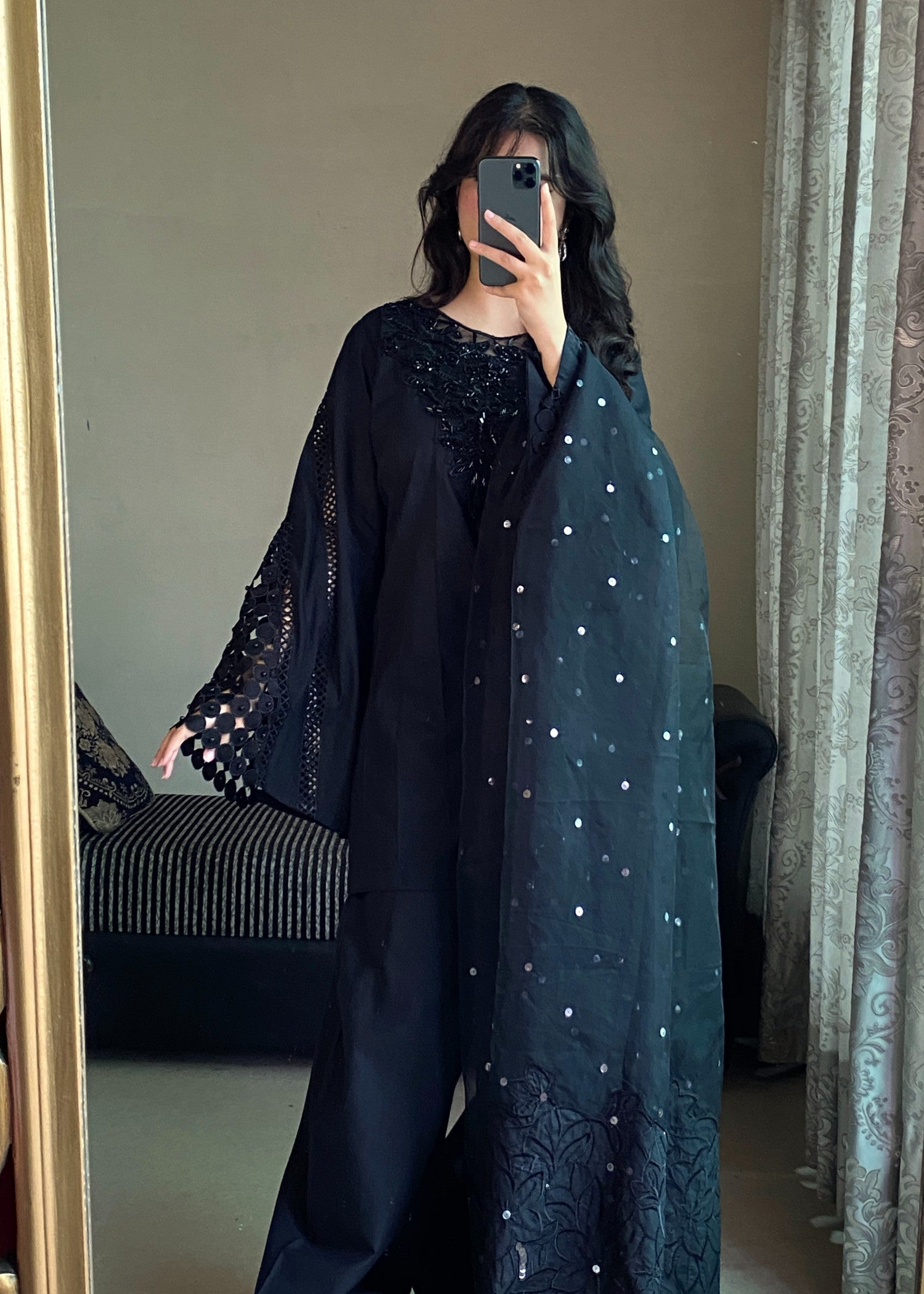 lawn cotton Kurta Set in Jet black
