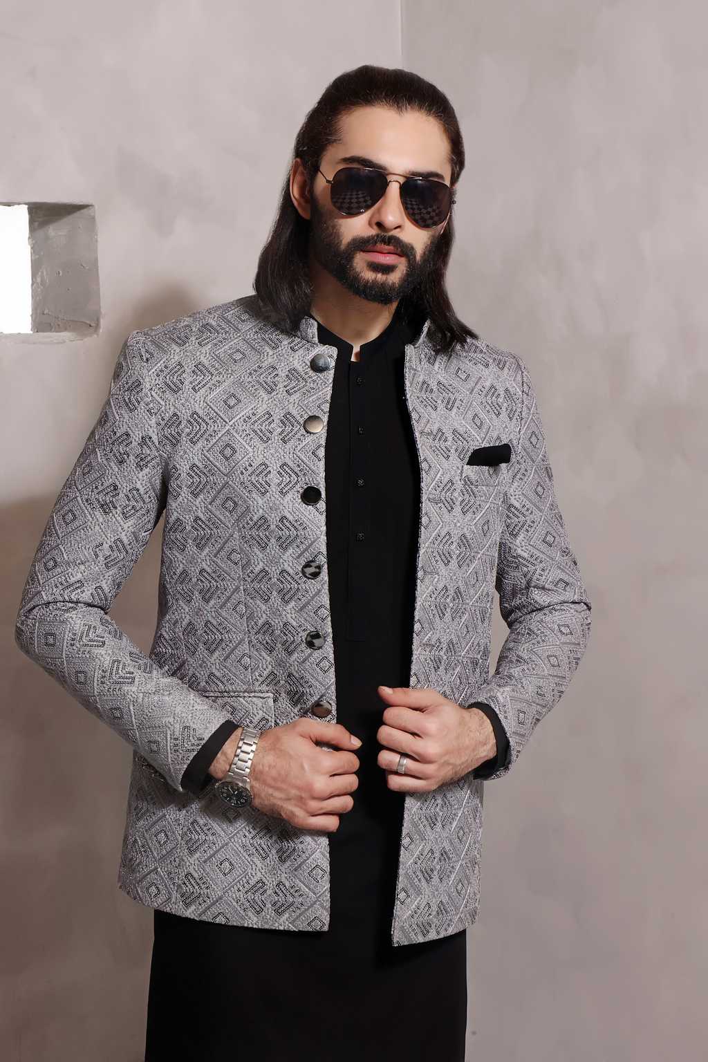 raw silk Prince Coat in Silver