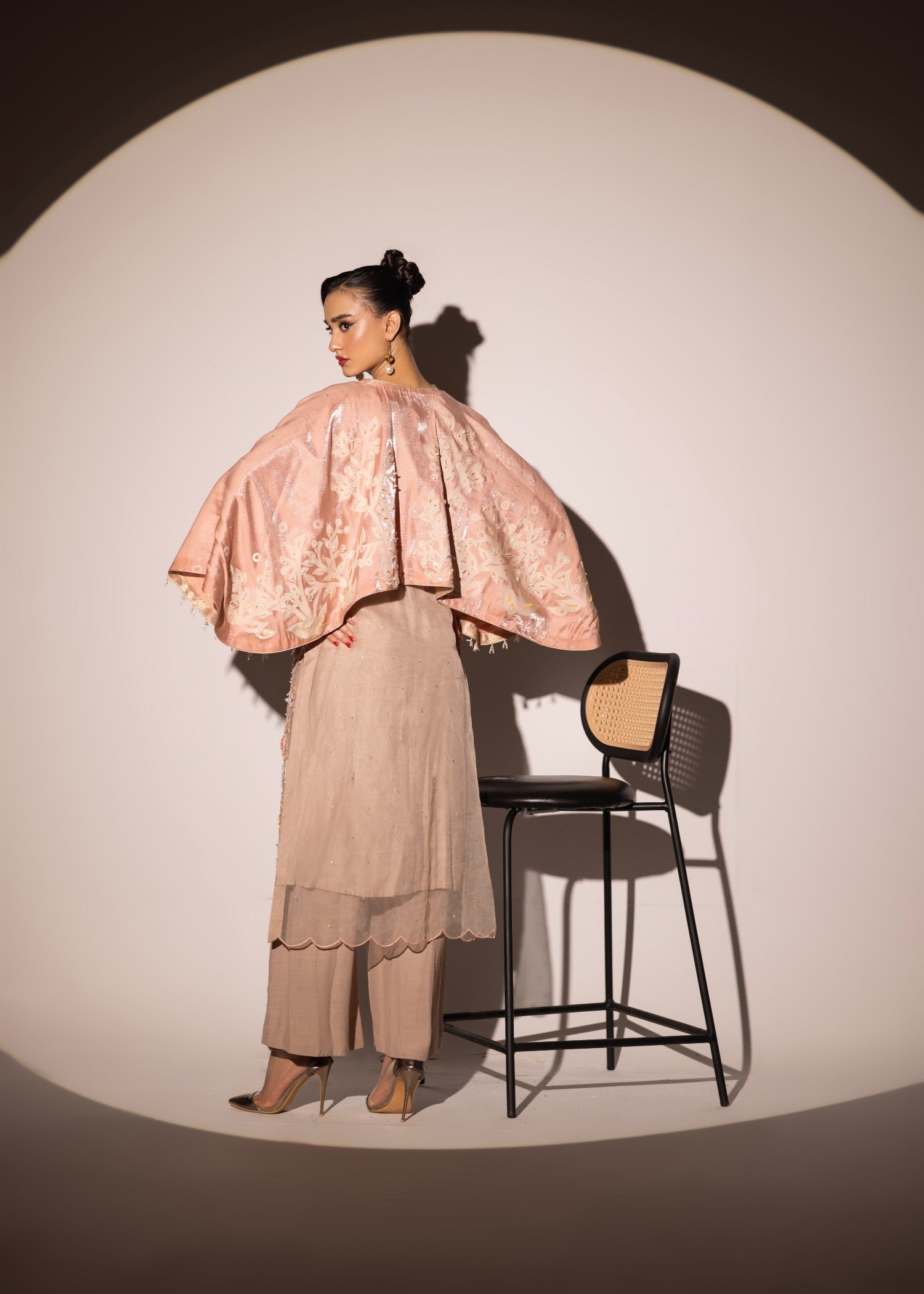 poly organza Kurta Set in Peach pink, almond brown