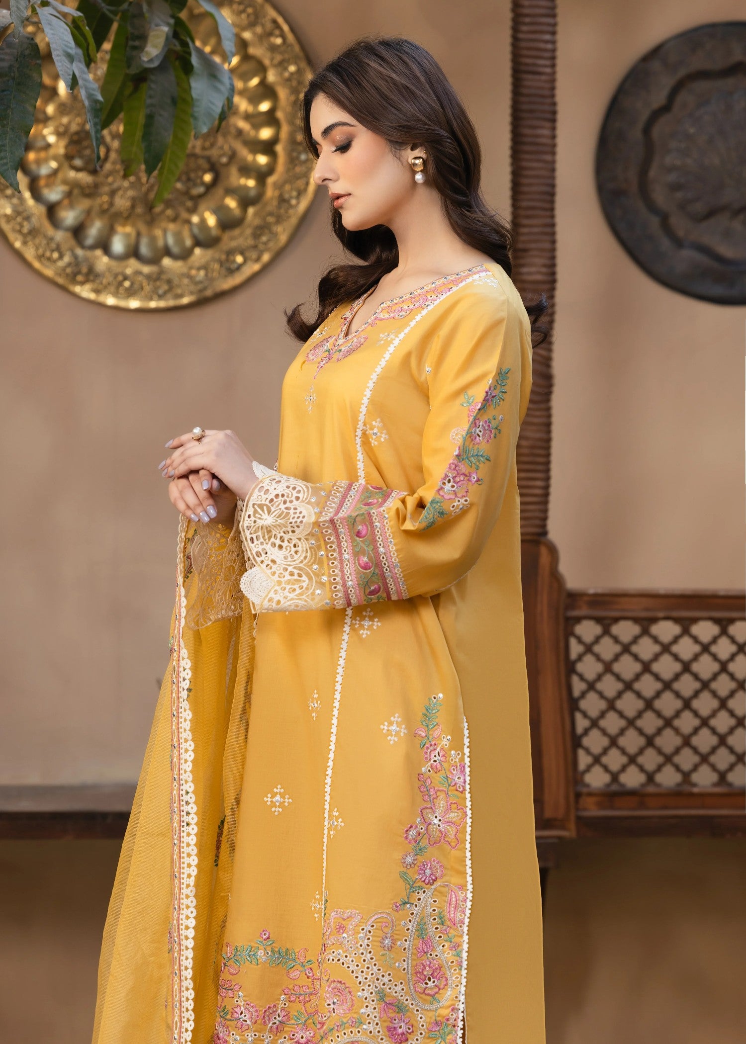 lawn Kurta Set in Golden orange