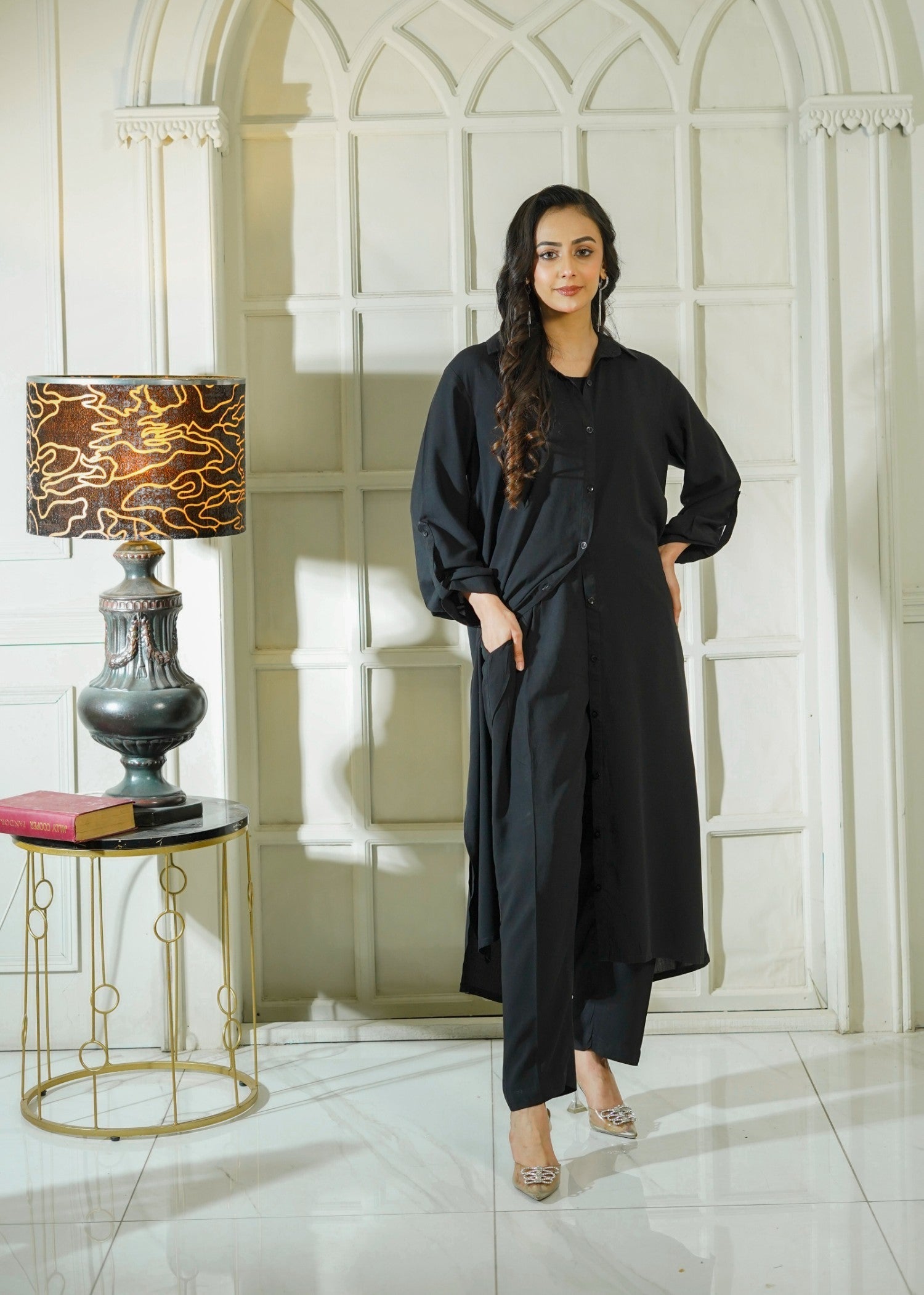 blended linen Kurta Set in Black