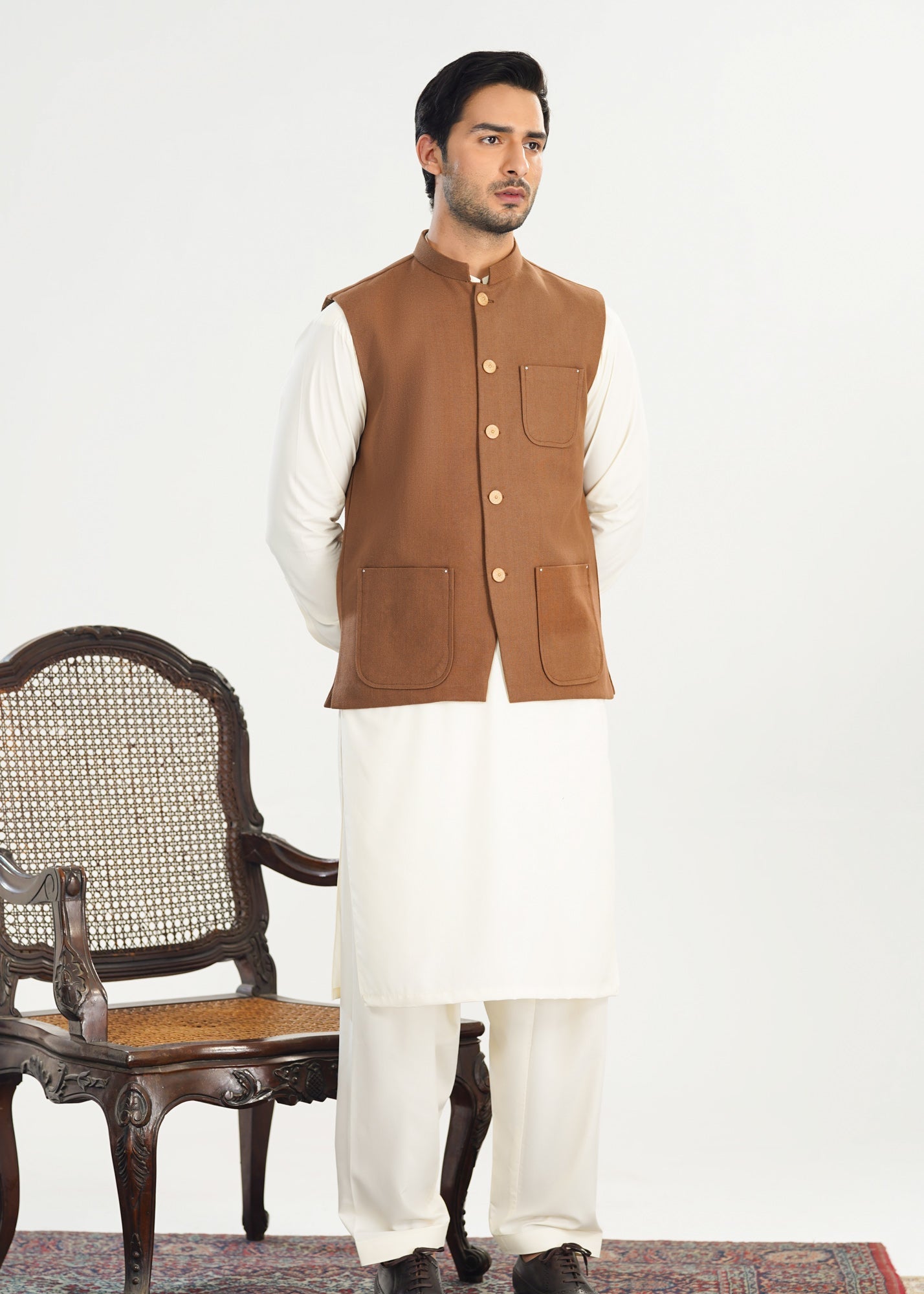 handwoven khaddar Waistcoat in Off-white, camel brown