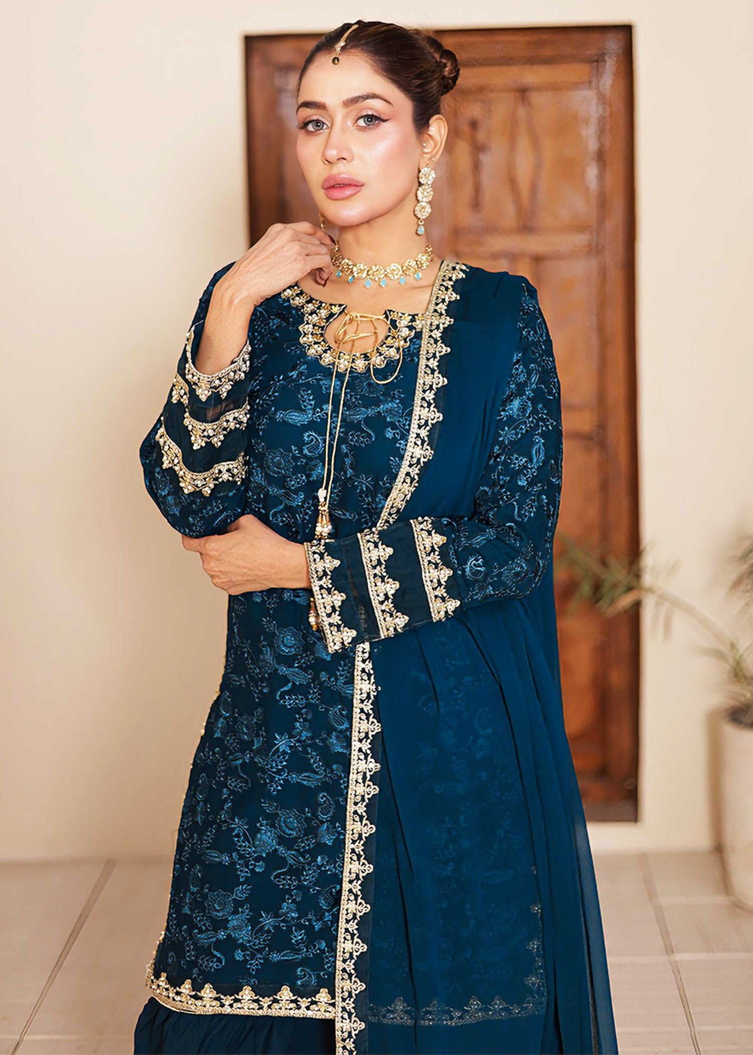chiffon Gharara in Yale blue