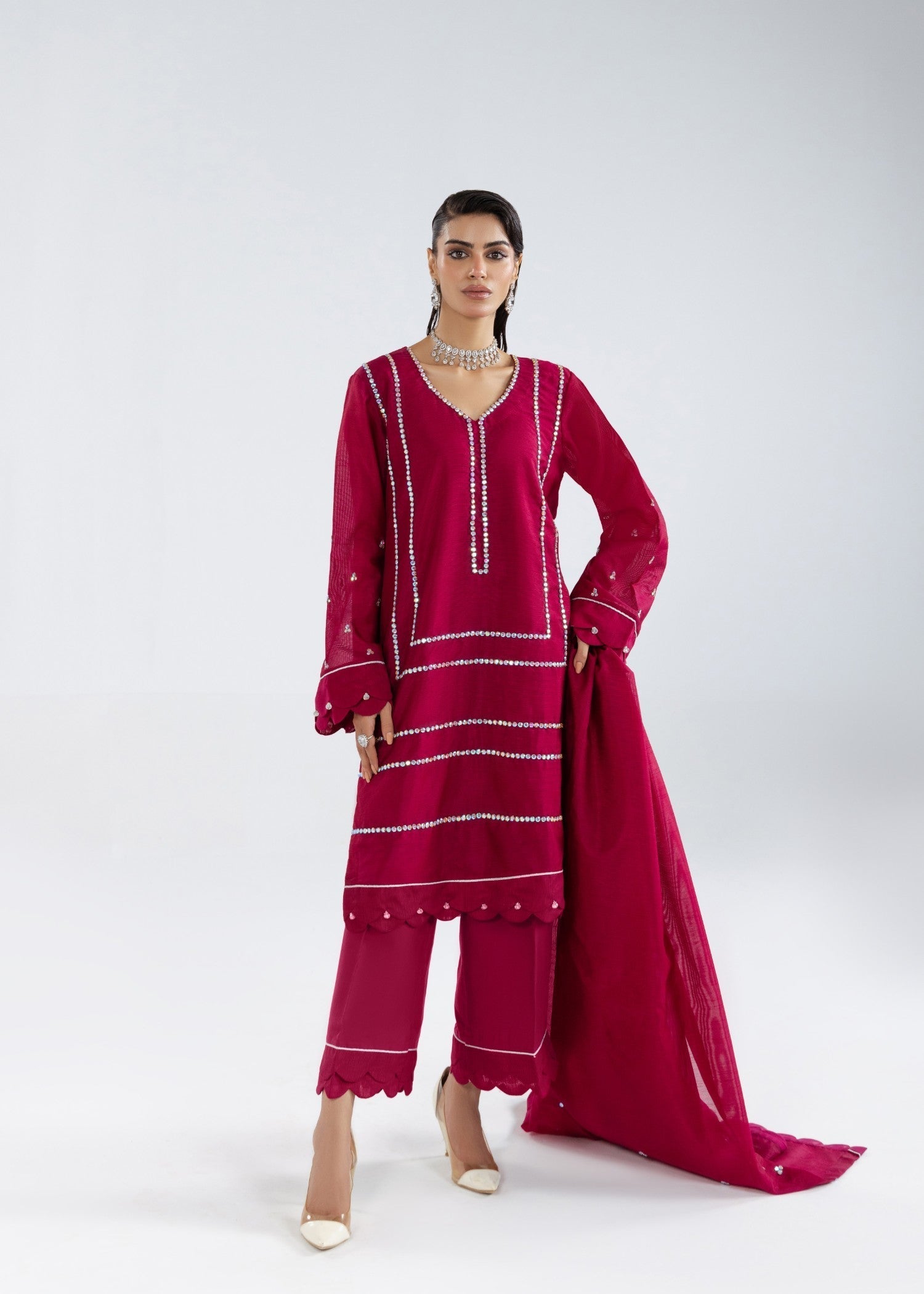 khaddi net Kurta Set in Burgundy