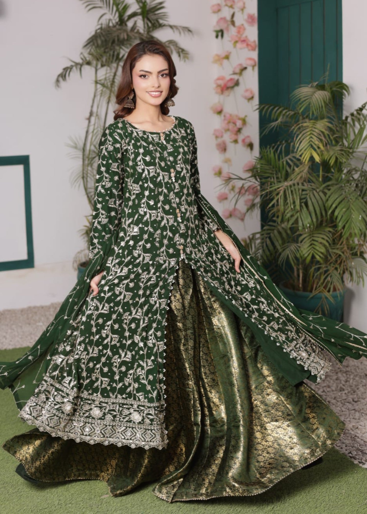 bemberg crinkle chiffon Lehenga in Bottle green