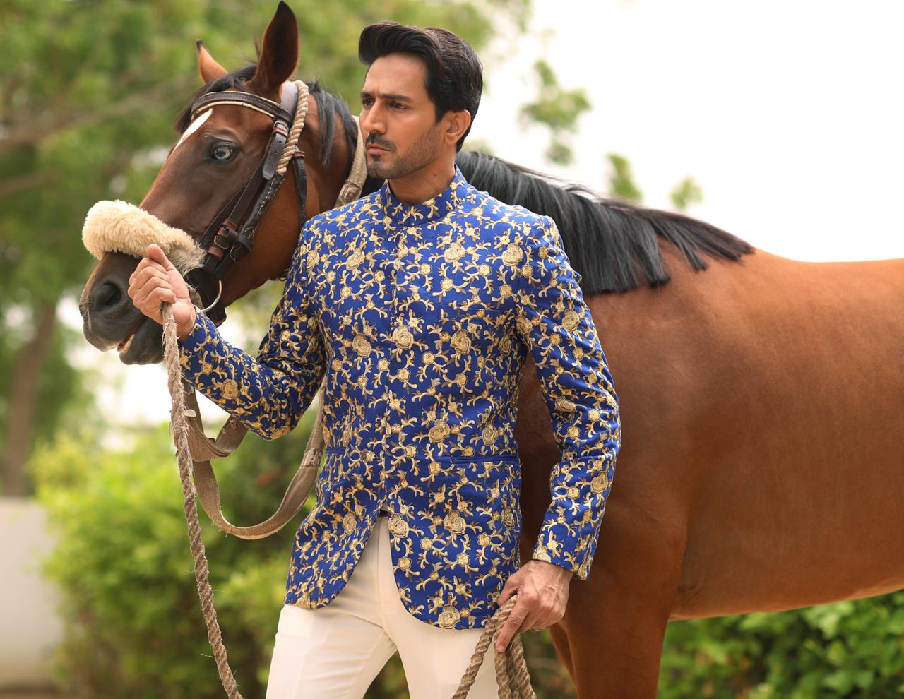 banarsi silk Prince Coat in Blue
