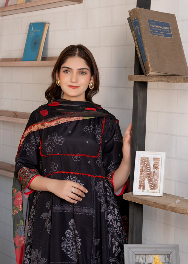 poly lawn Anarkali in Black, red, white