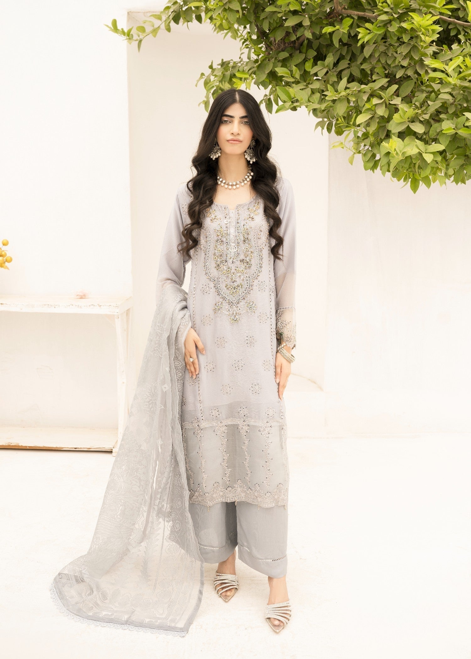 chiffon Kurta Set in Grey