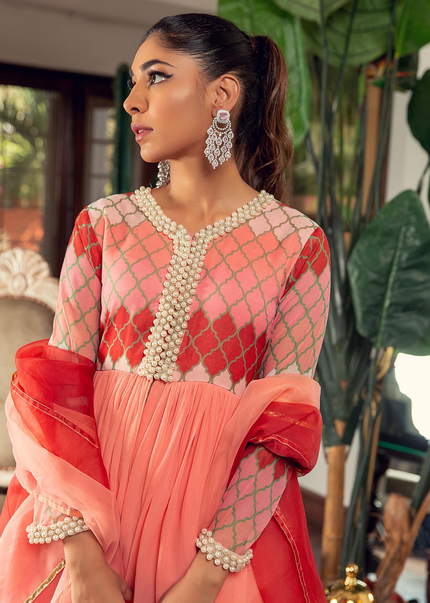 chiffon Short Frock in Coral pink