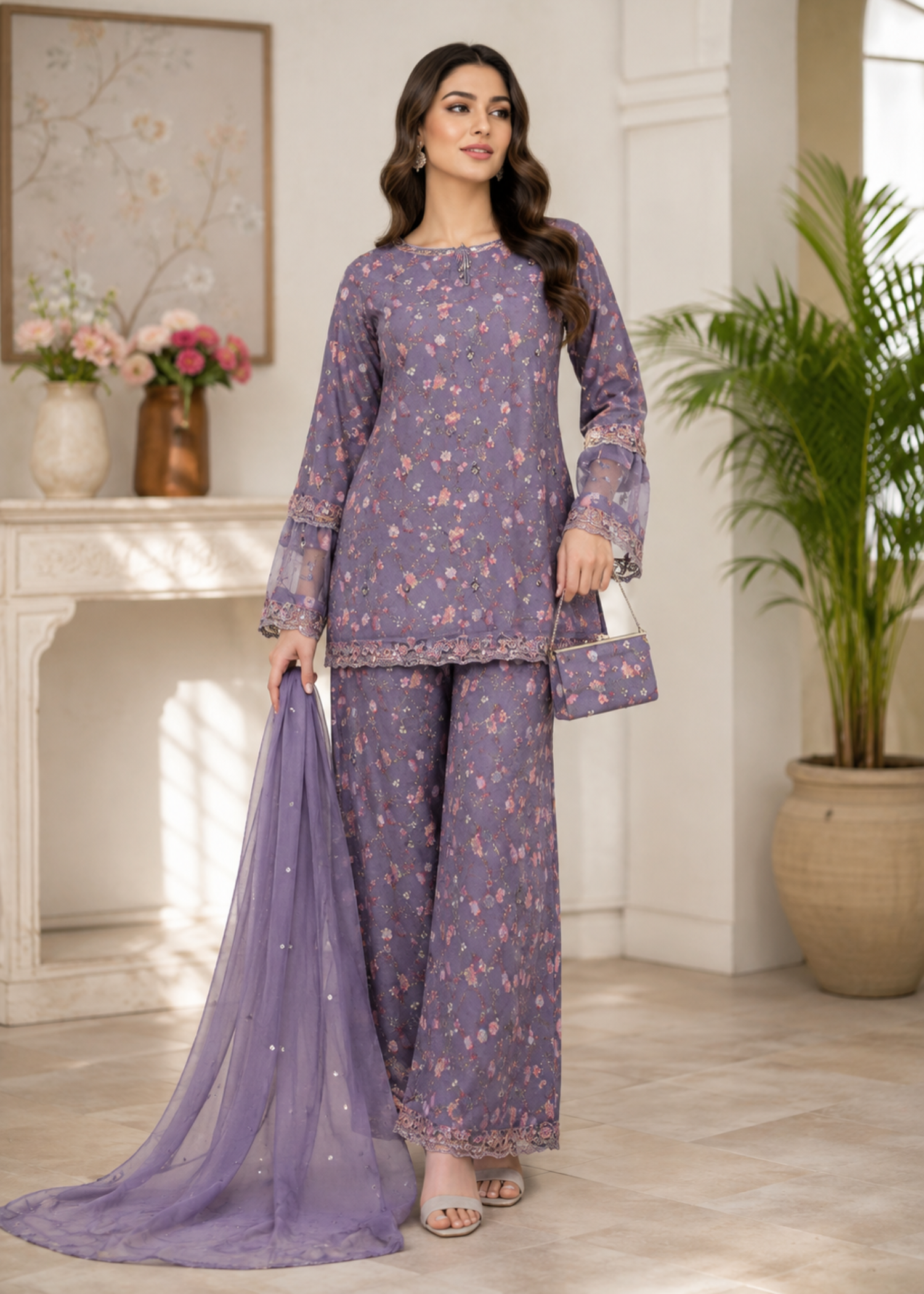 crepe Kurta Set in Purple mountain majesty