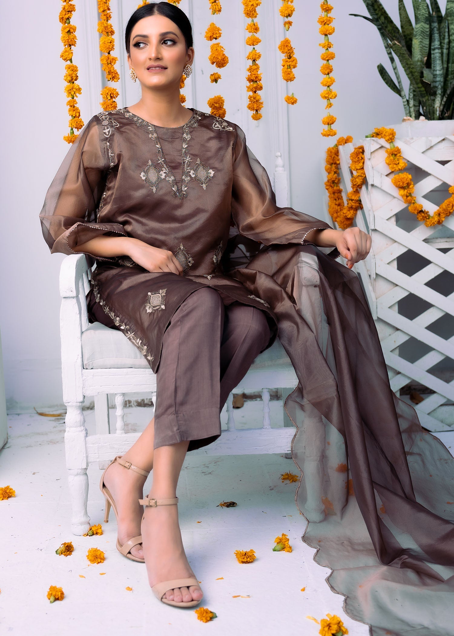 kataan organza Kurta Set in Coffee brown