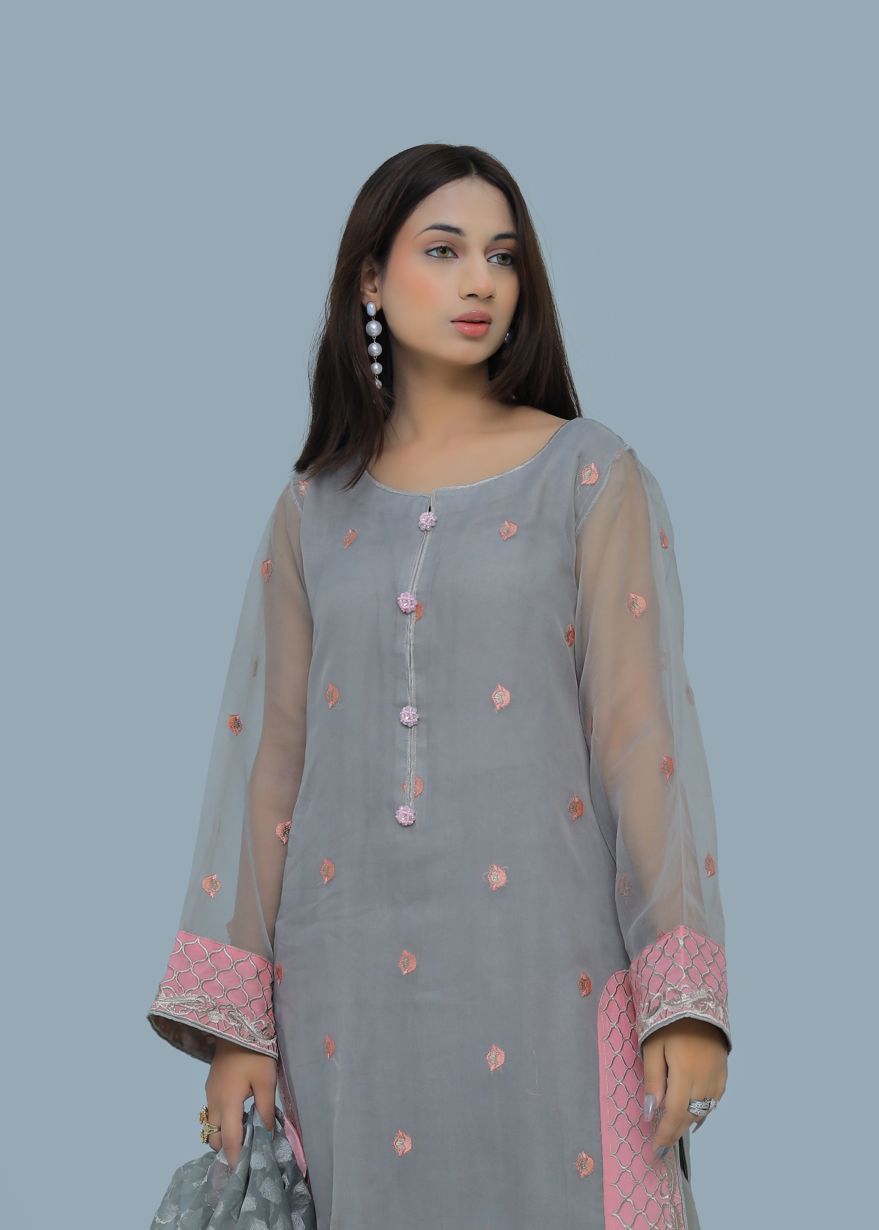 organza Kurta Set in Slate grey