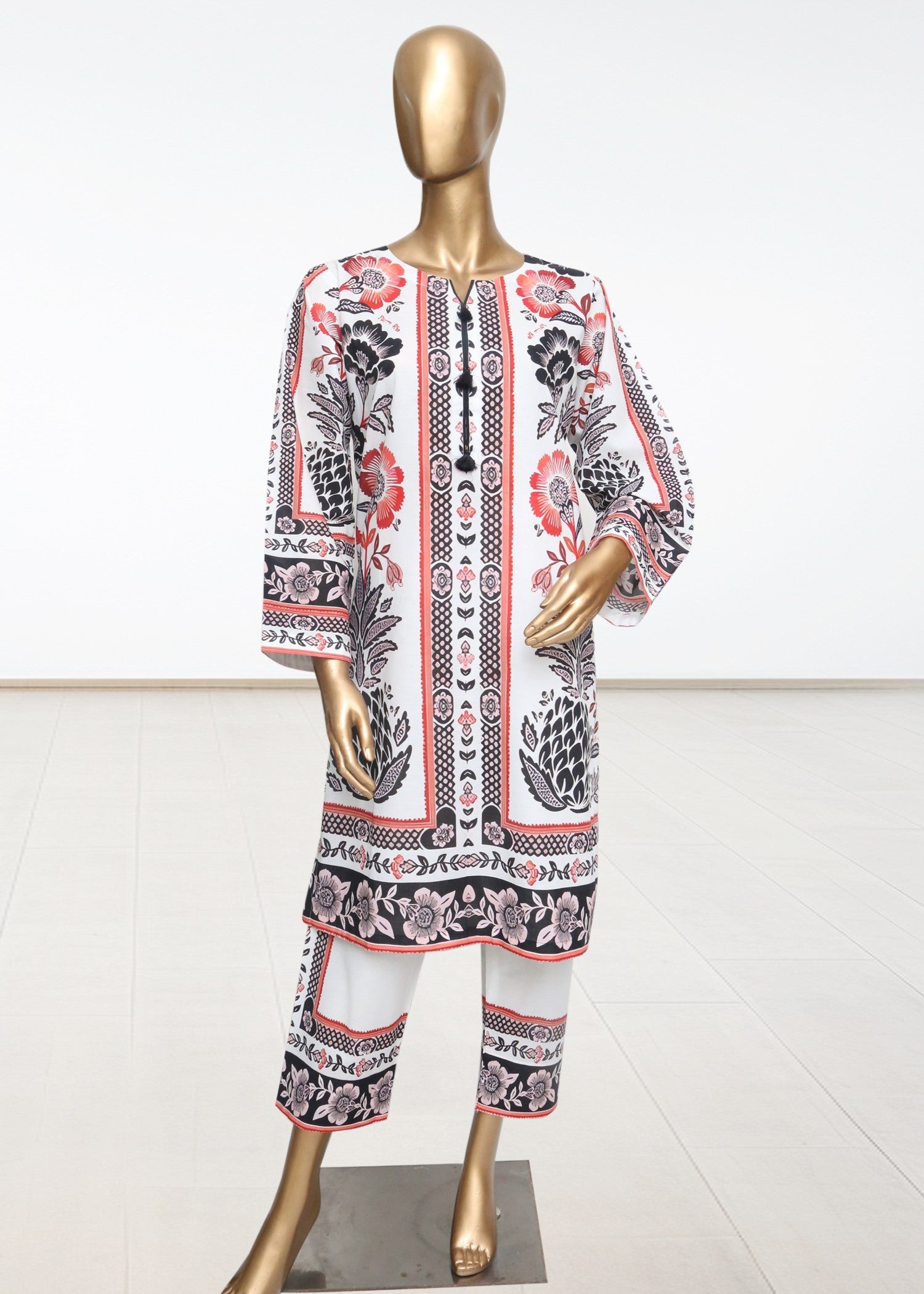 lawn Kurta Set in Black, white, chili red