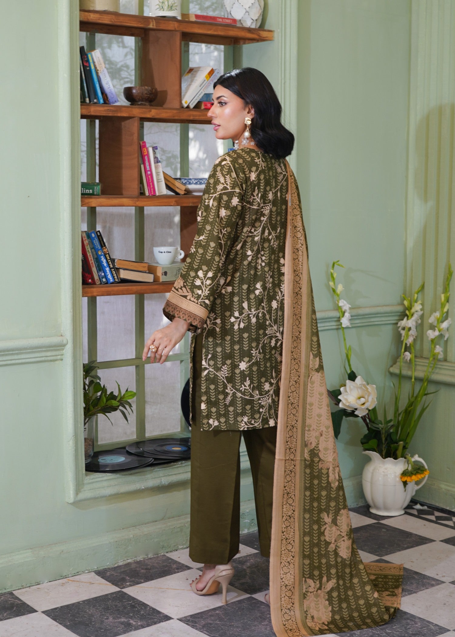 dobby Kurta Set in Olive green