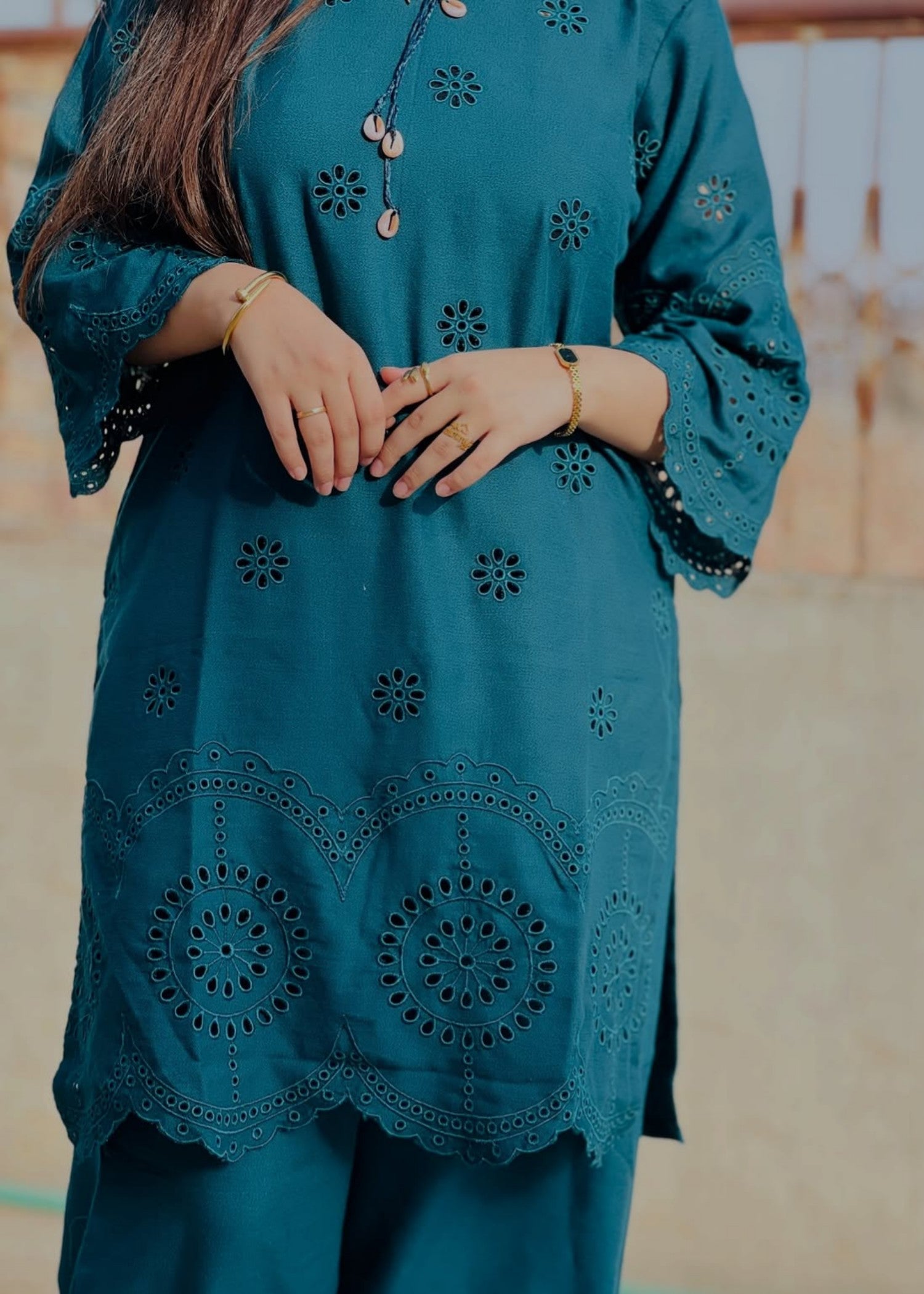 linen chambray Kurta Set in Dark cyan