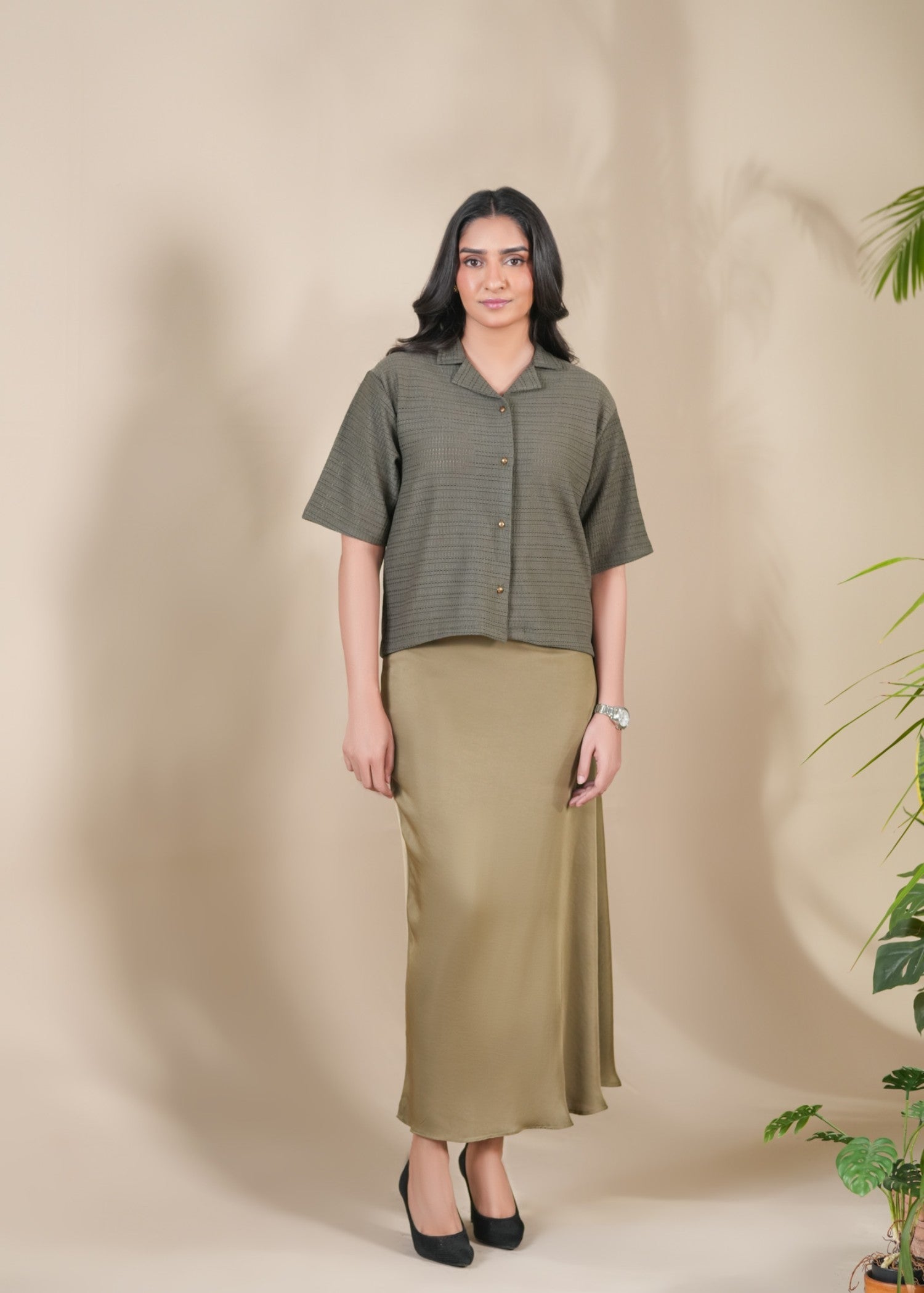 satin silk Skirt in Olive green