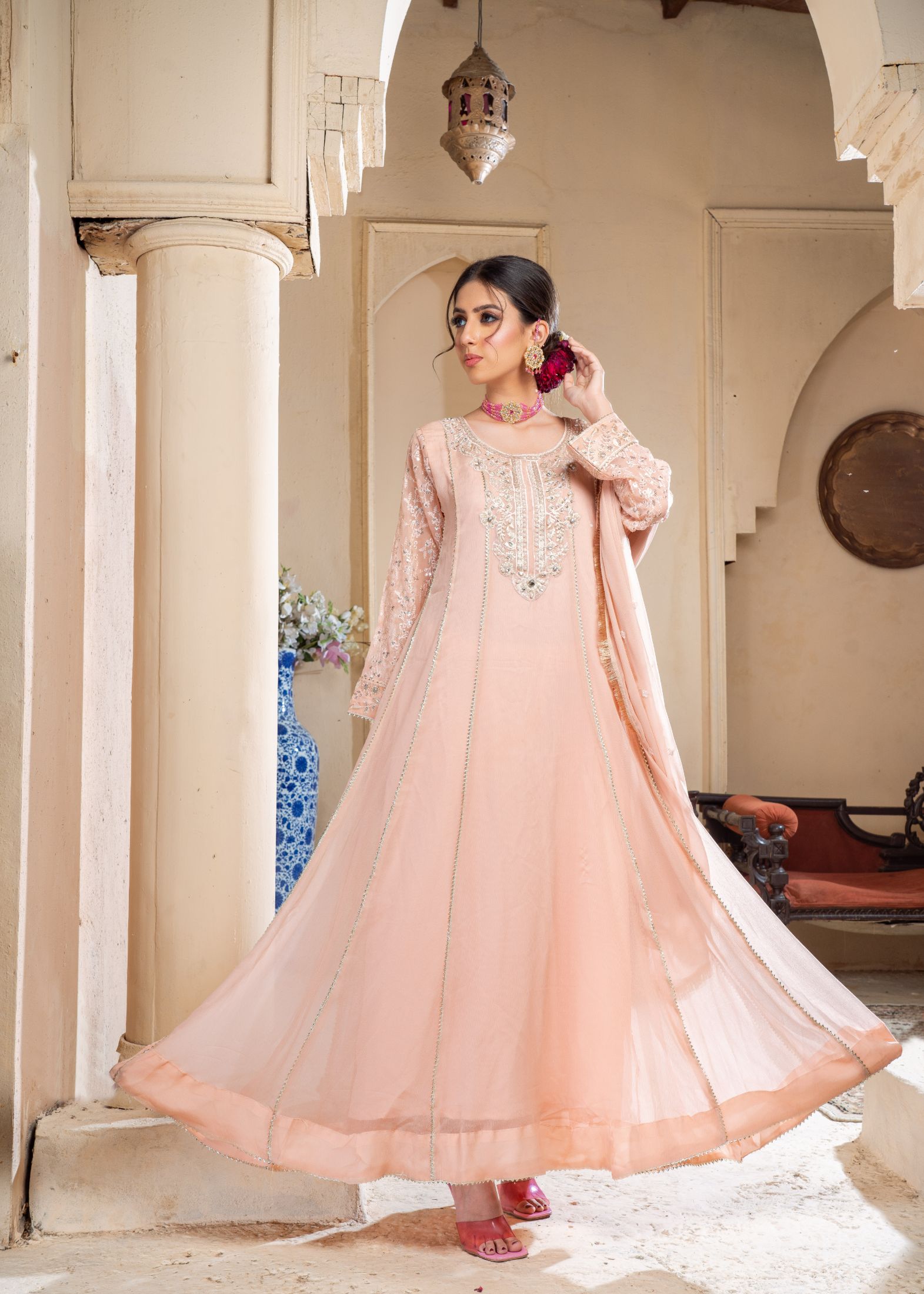 chiffon Anarkali in Peach pink