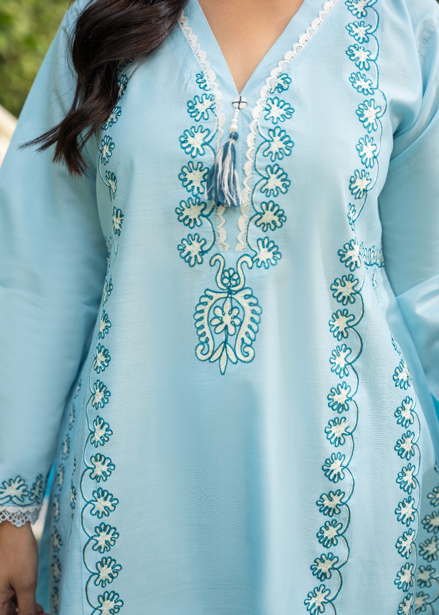 khaddi net Pishwas in Sky blue