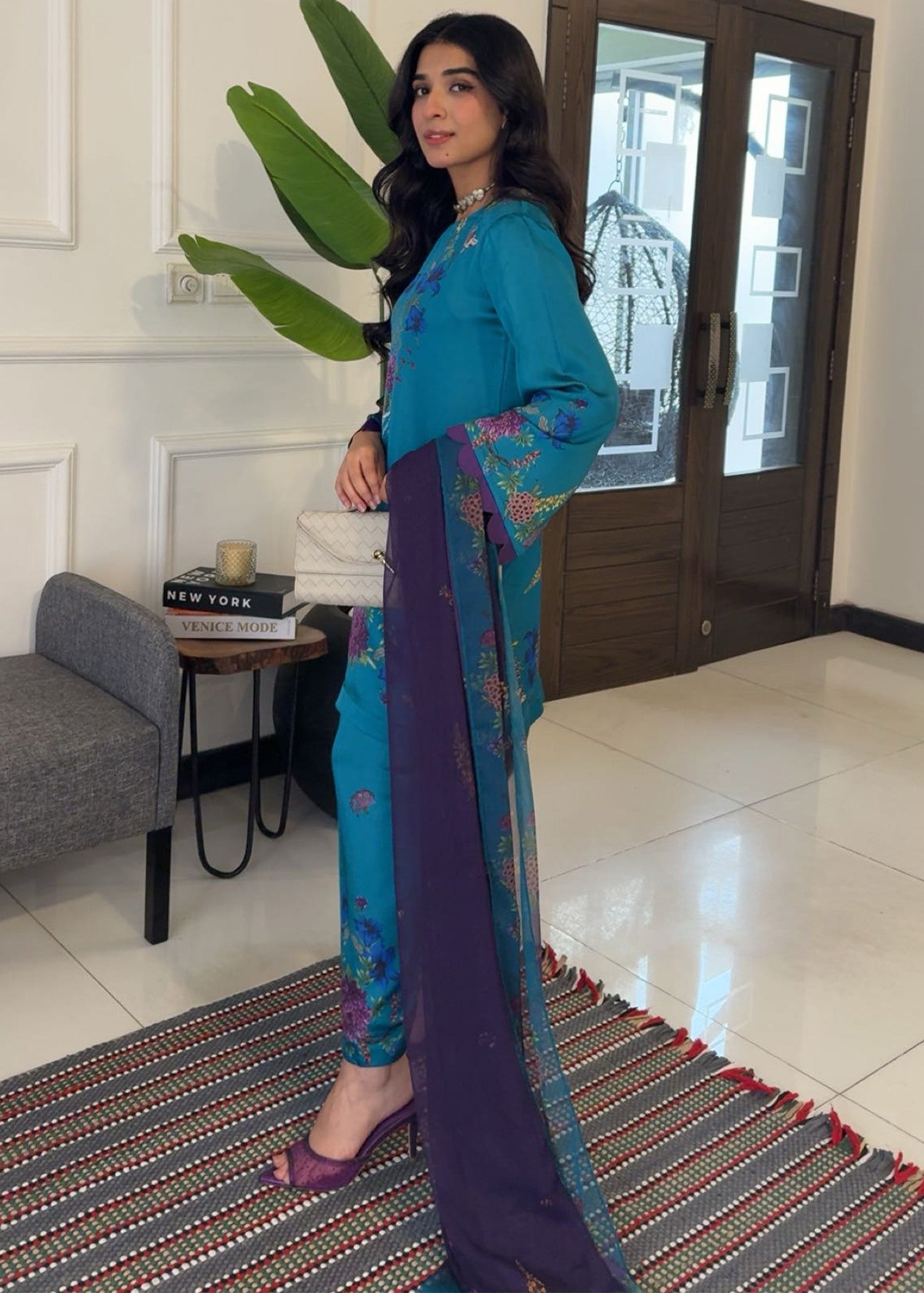 satin silk Kurta Set in Teal