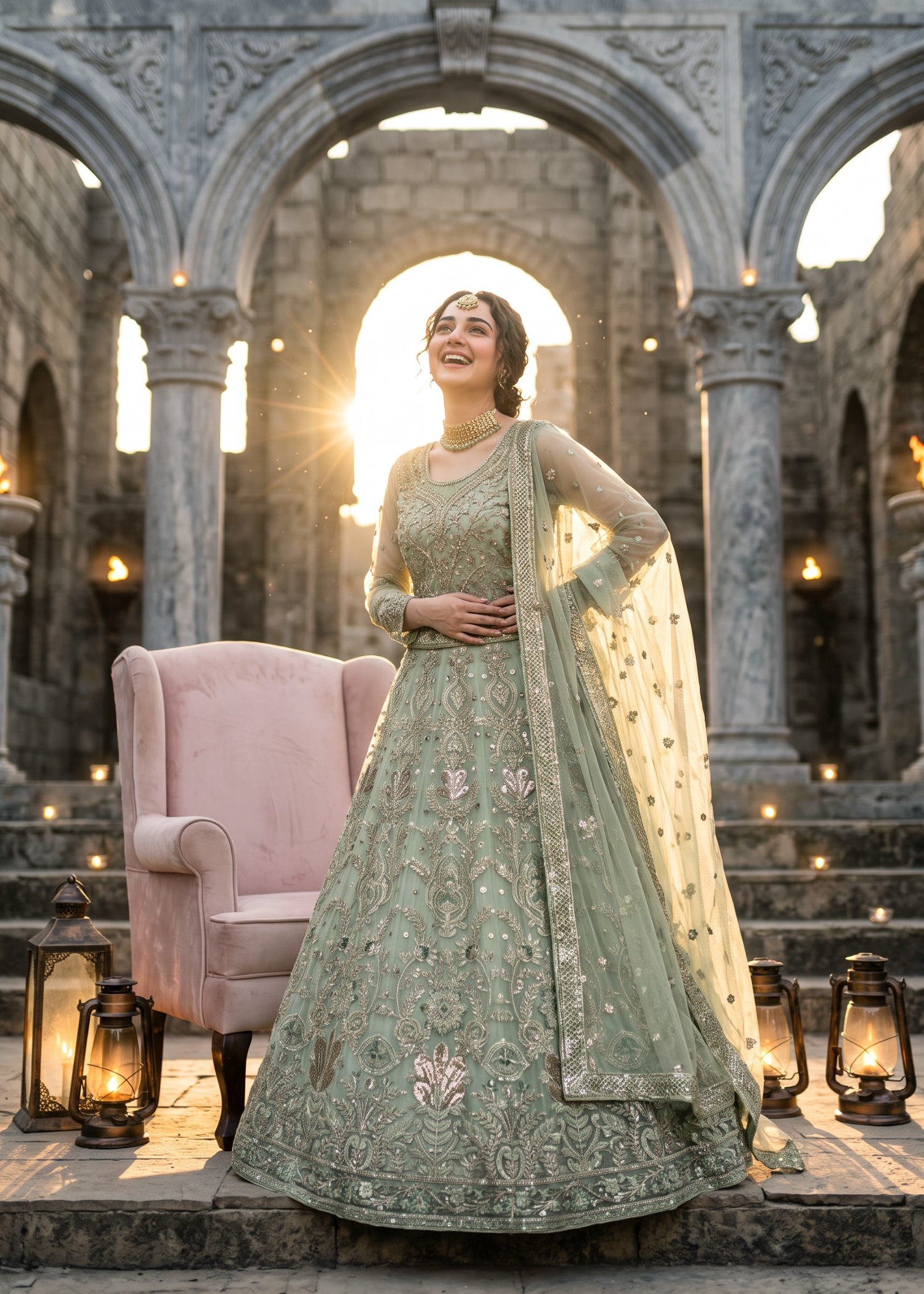 net Lehenga in Pistachio green