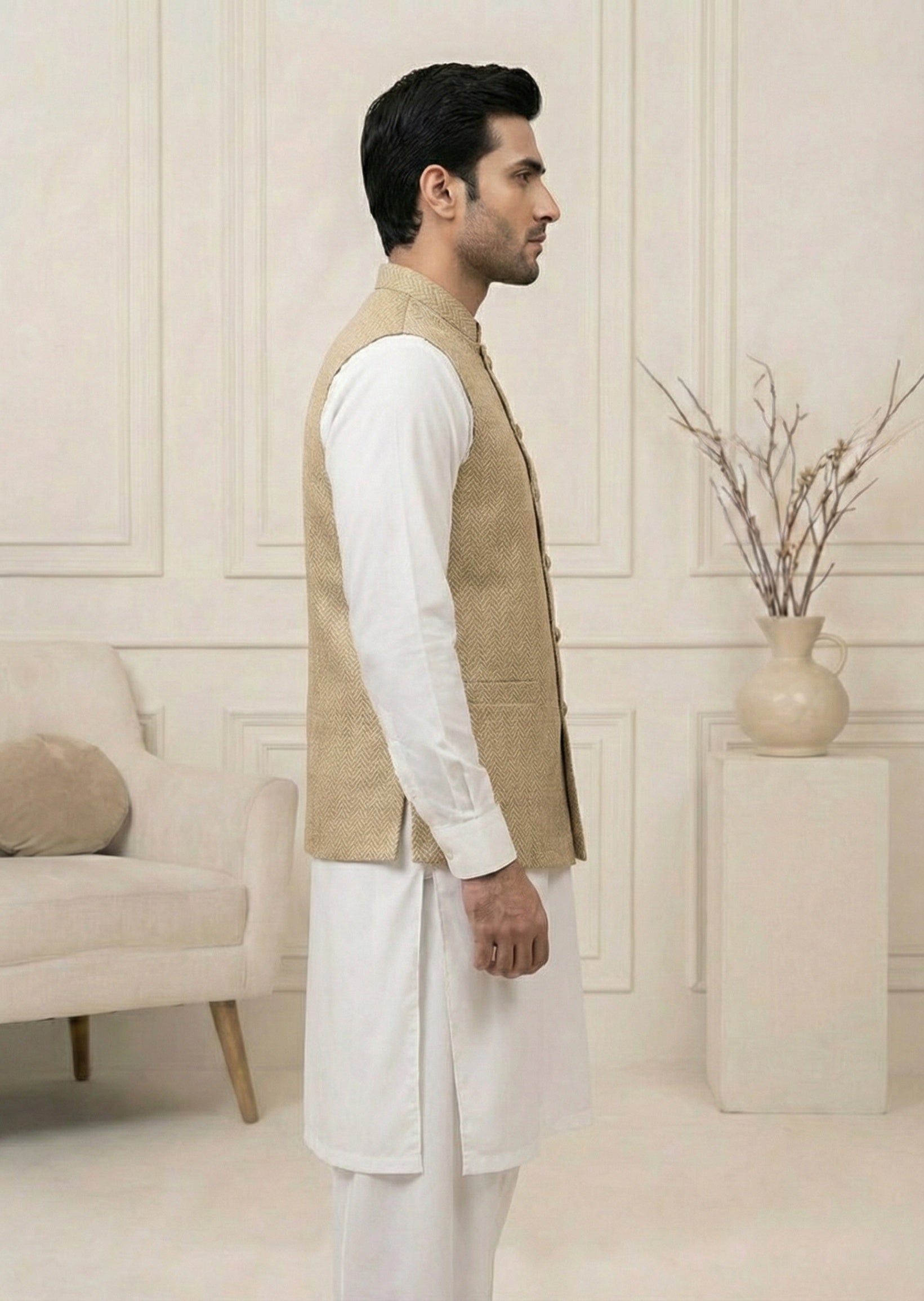 traditional jamawar Waistcoat in Gold by Real Image Clothing
