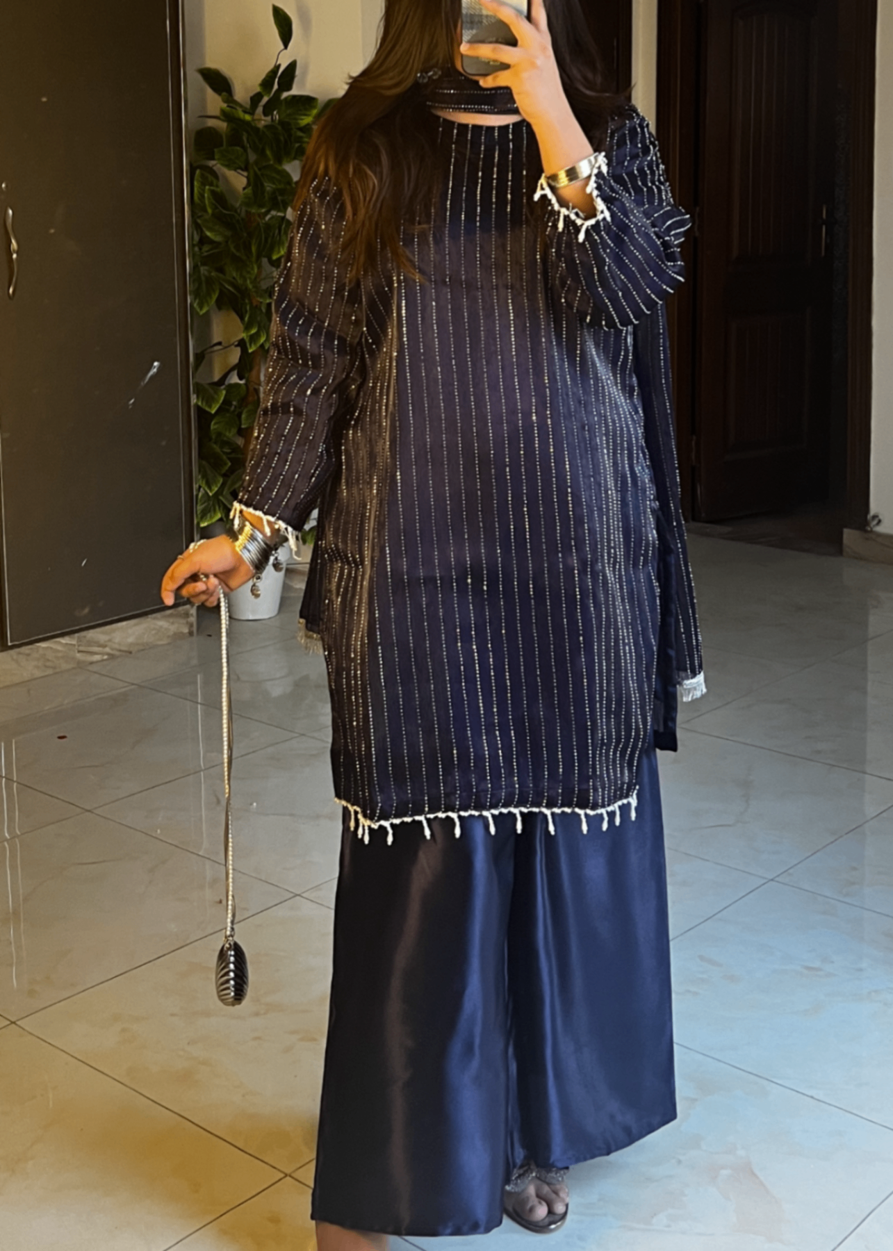 crinkle Kurta Set in Navy blue