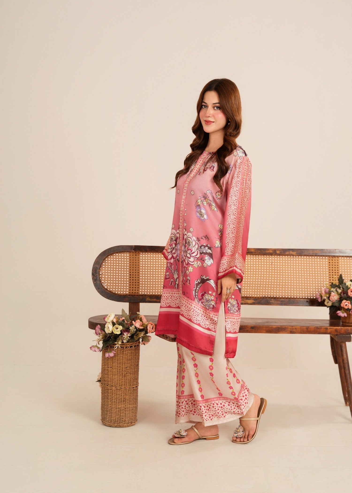 poly lawn Kurta Set in Hot pink red